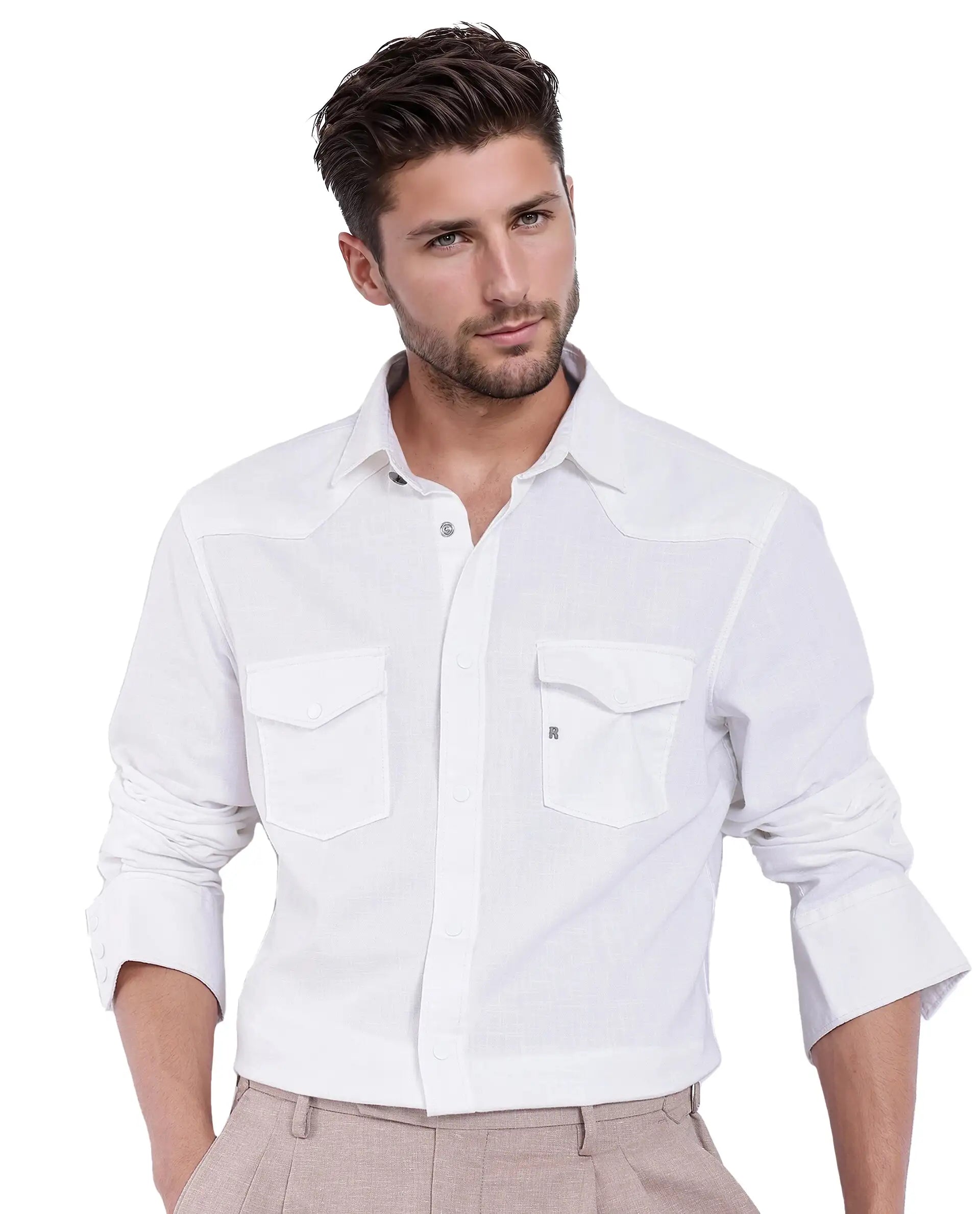 Rare Rabbit Men Tyson-1 White Cotton Fabric Full Sleeve Snap Button Closure with Two Front Flap Pockets Plain Shirt
