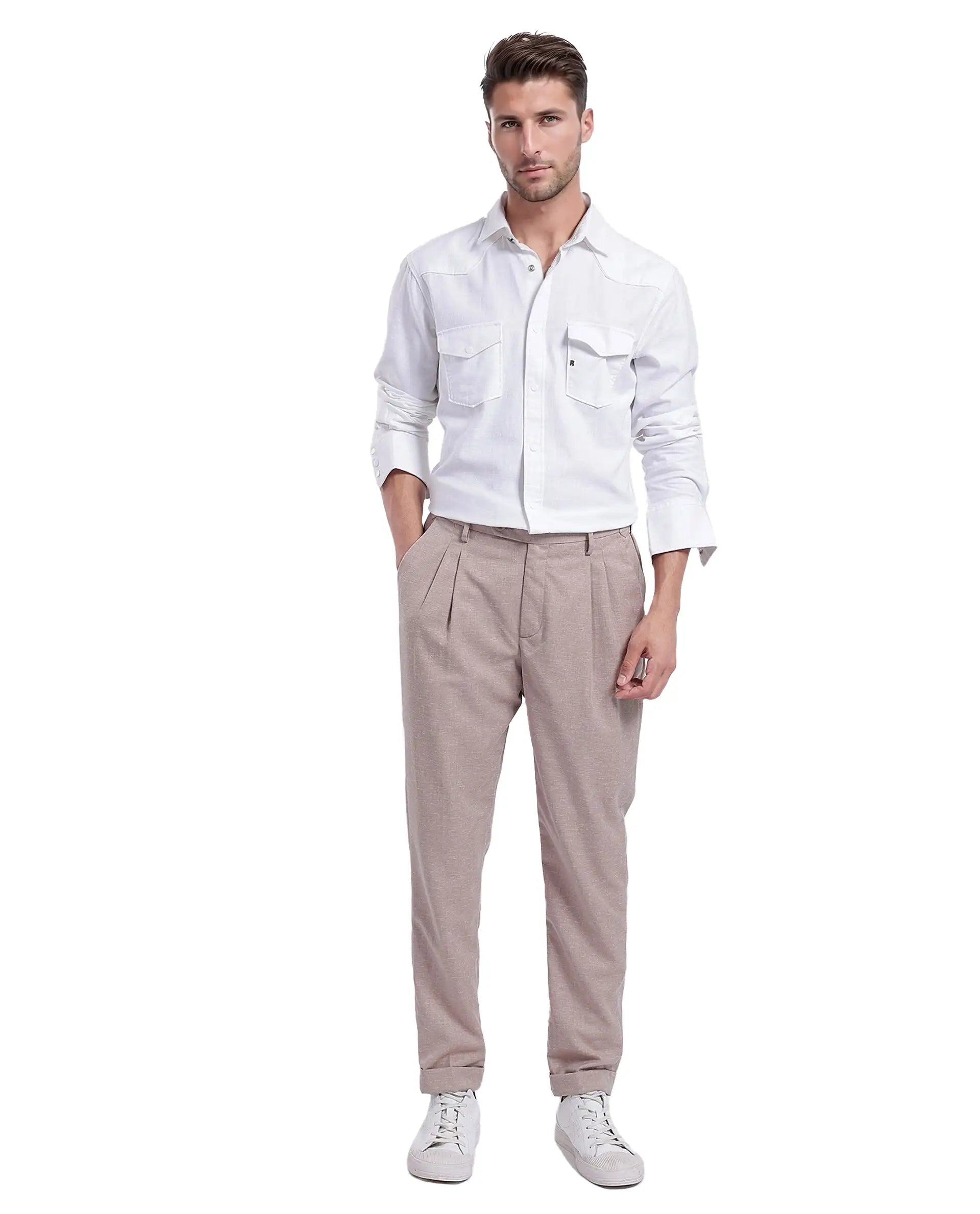 Rare Rabbit Men Tyson-1 White Cotton Fabric Full Sleeve Snap Button Closure with Two Front Flap Pockets Plain Shirt