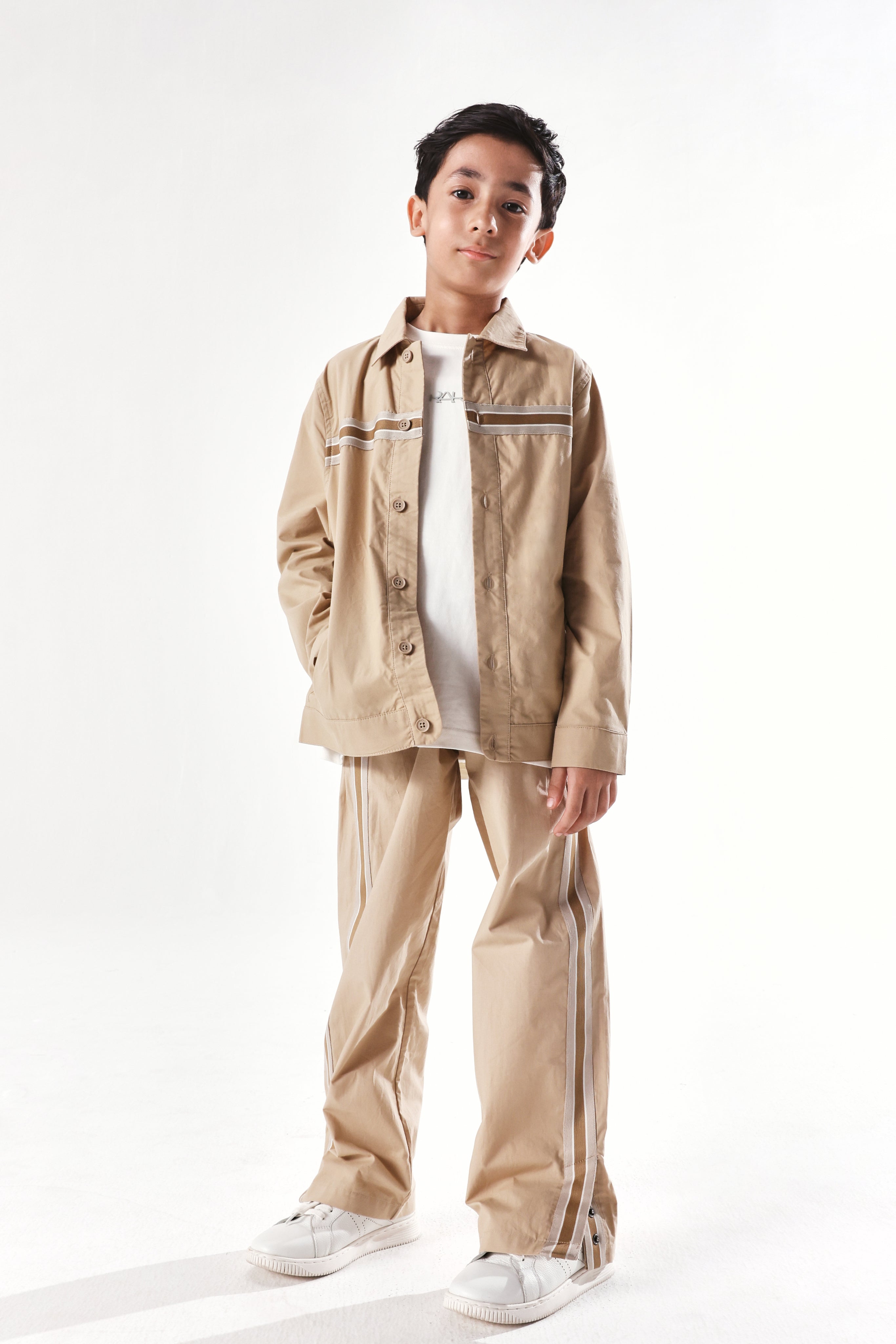 Rare Ones Kids Taper-B Beige Button & Zip Closure Regular Fit Tape Detailed Cotton Trouser