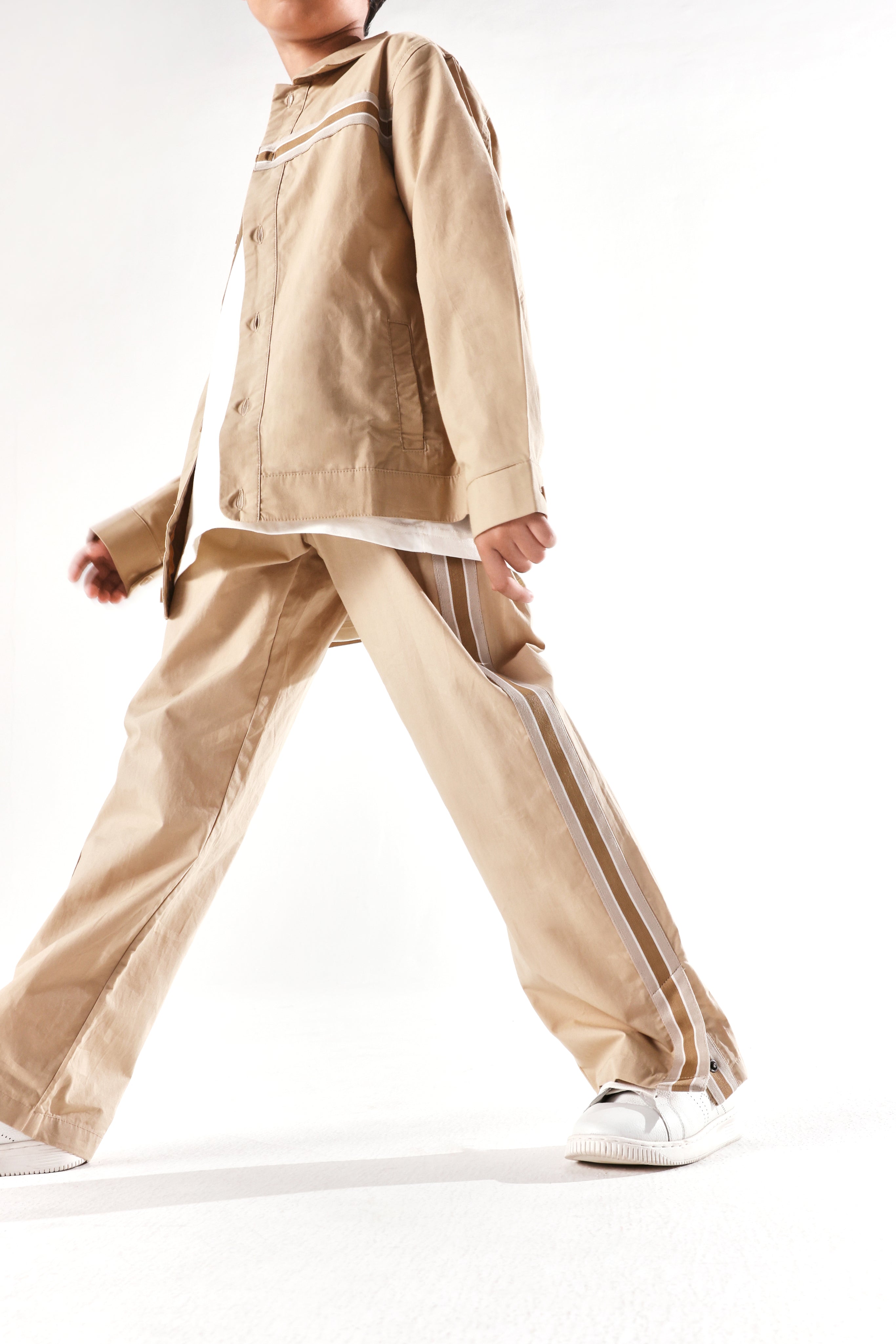 Rare Ones Kids Taper-B Beige Button & Zip Closure Regular Fit Tape Detailed Cotton Trouser