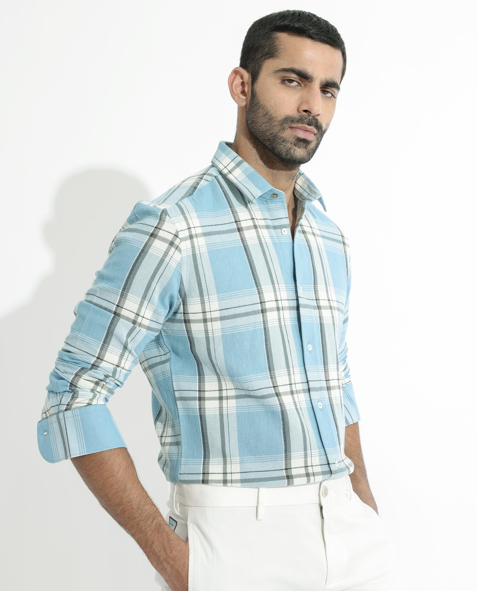 Rare Rabbit Men's Taverna Blue Full Sleeves Checks Shirt