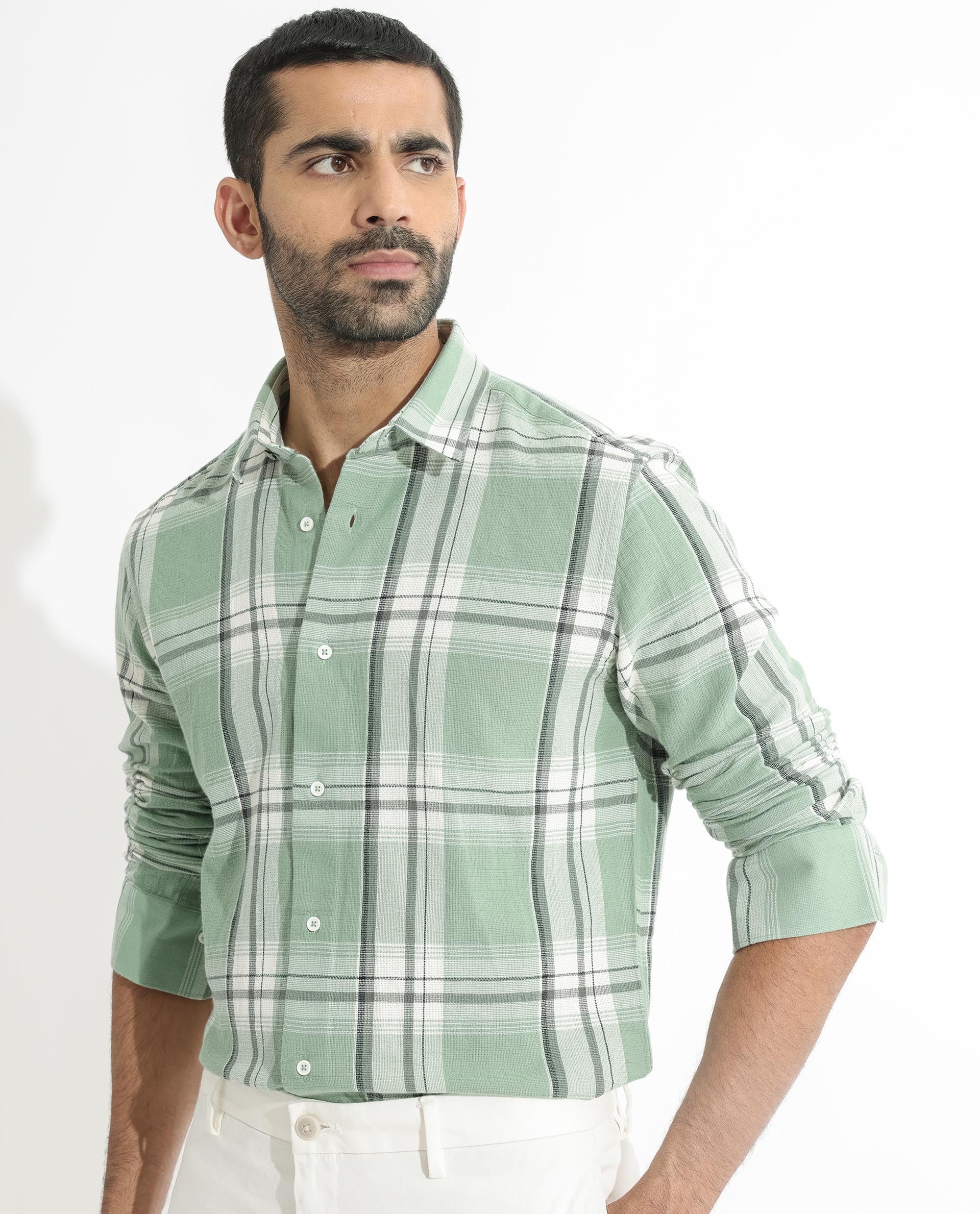 Rare Rabbit Men's Taverna Green Full Sleeves Checks Shirt