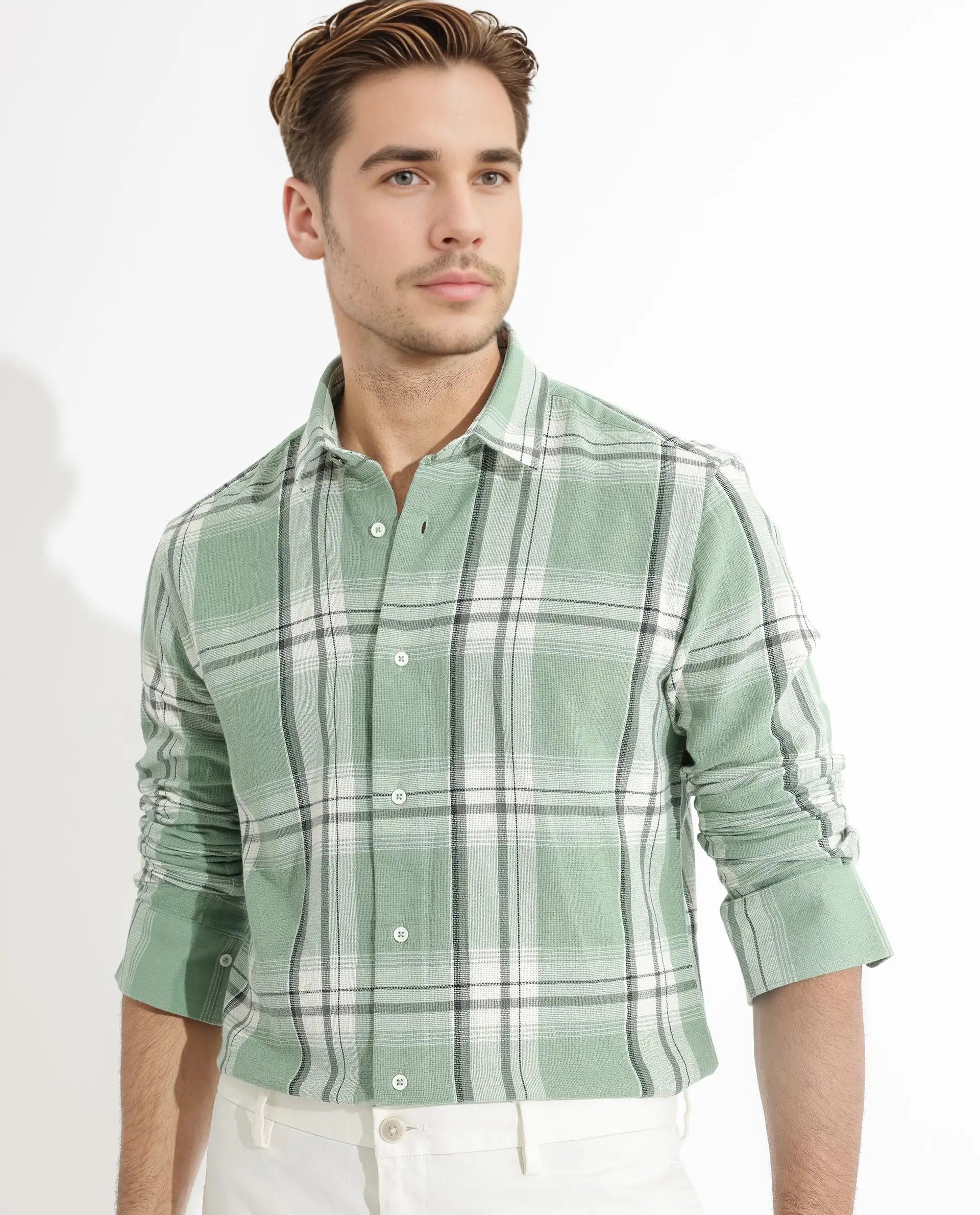 Rare Rabbit Men's Taverna Green Cotton Checked Print Tailored Fit Full Sleeve Collared Shirt