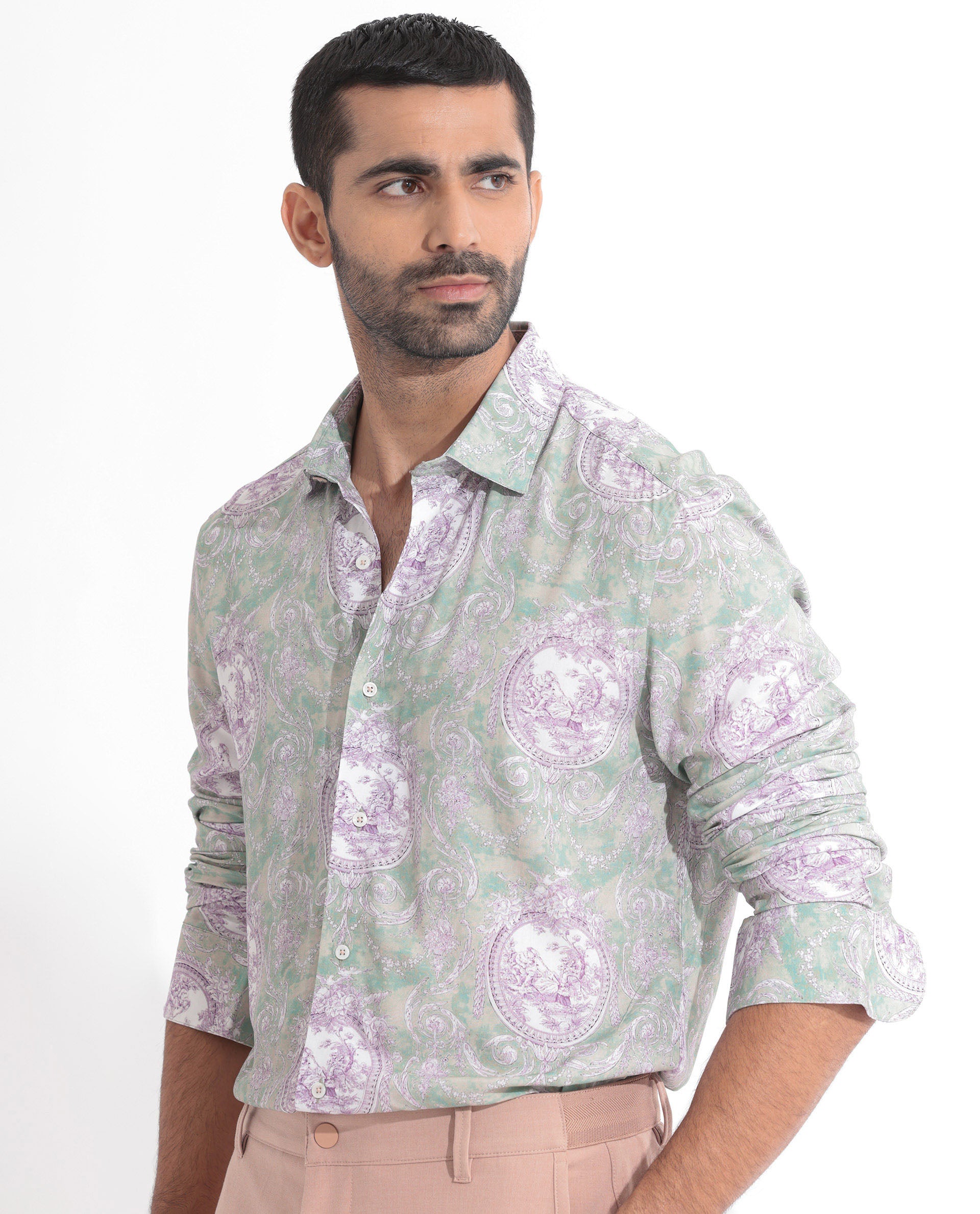 Rare Rabbit Men's Theon Dusky Green Viscose Fabric Full Sleeves Ornament Print Shirt