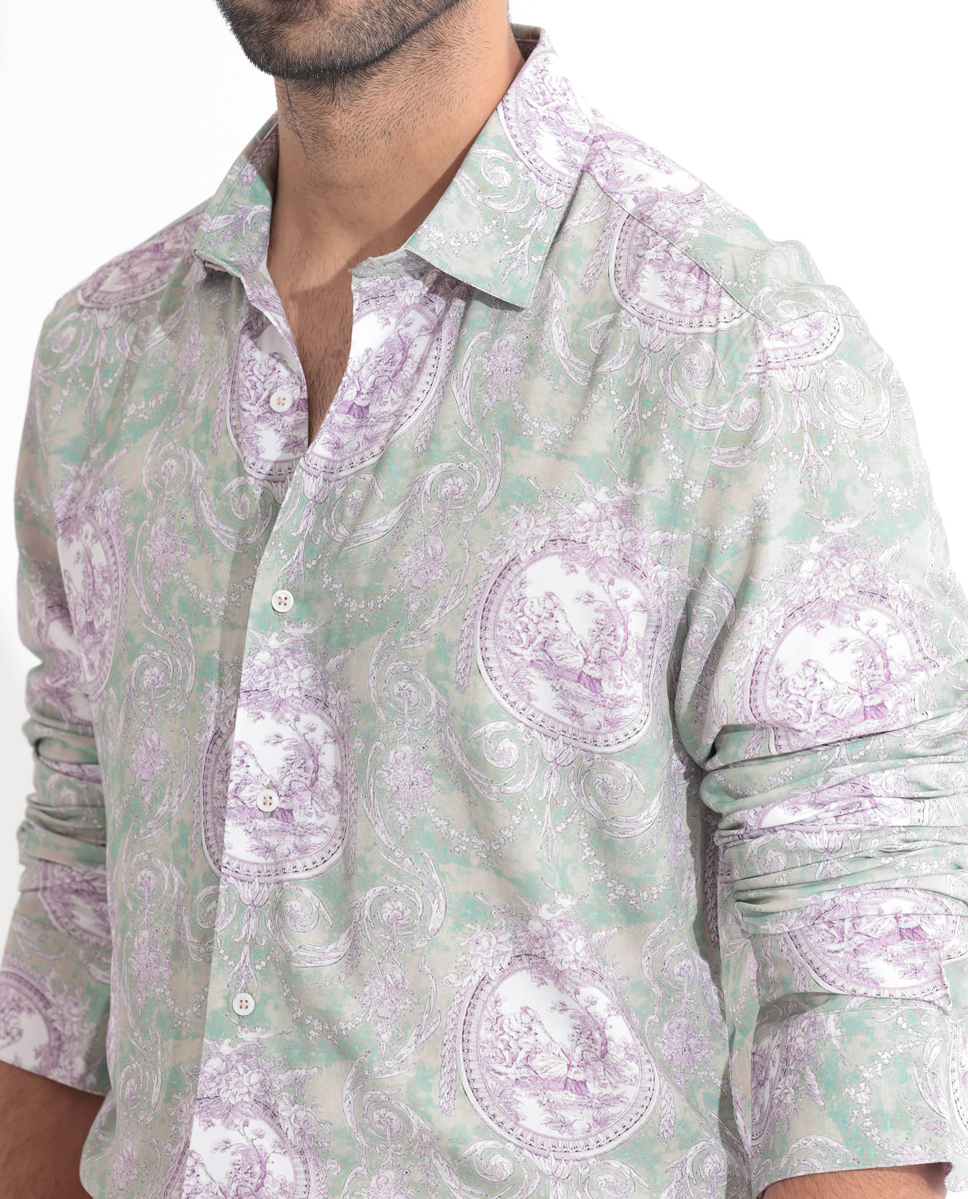 Rare Rabbit Men's Theon Dusky Green Viscose Fabric Full Sleeves Ornament Print Shirt