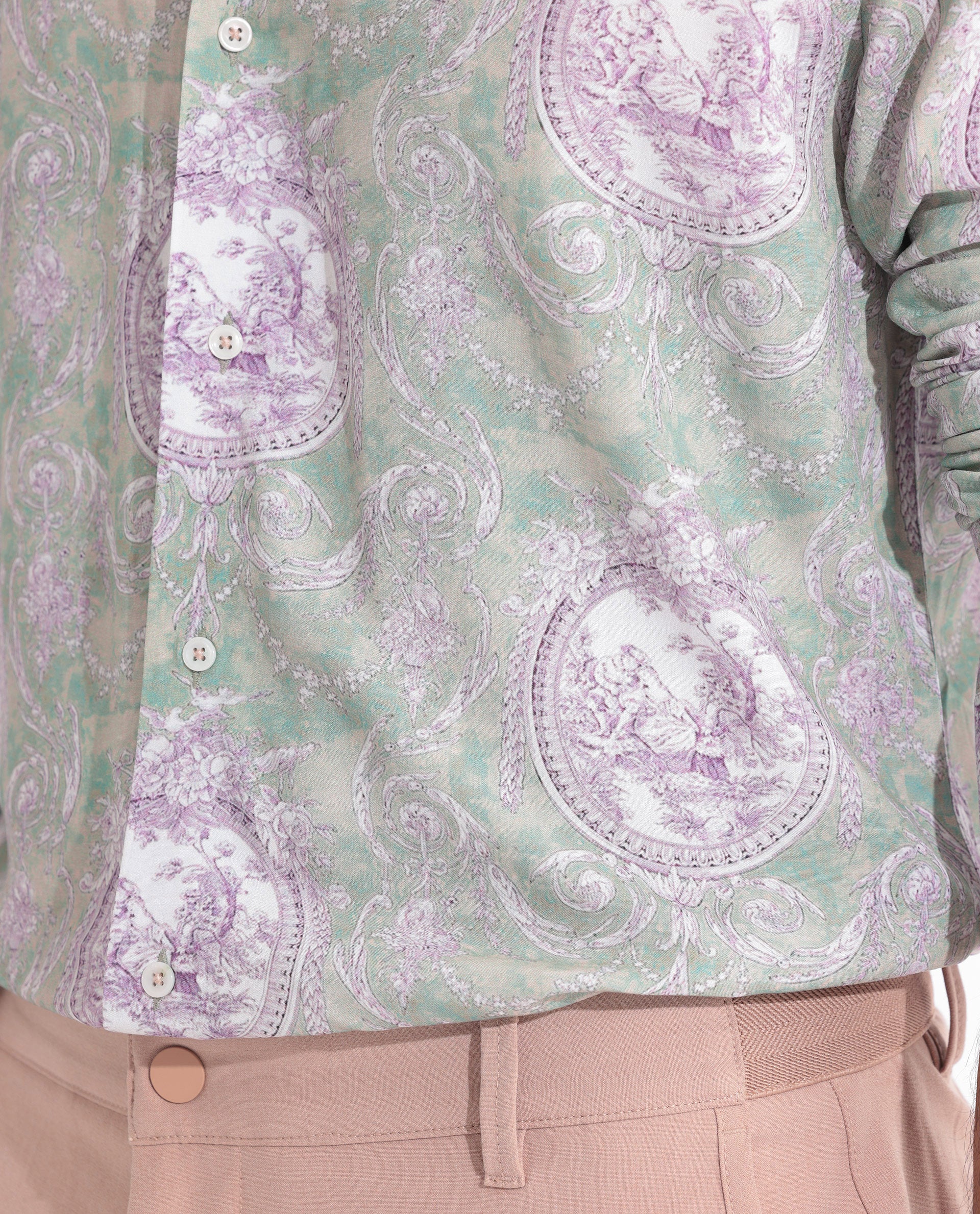 Rare Rabbit Men's Theon Dusky Green Viscose Fabric Full Sleeves Ornament Print Shirt