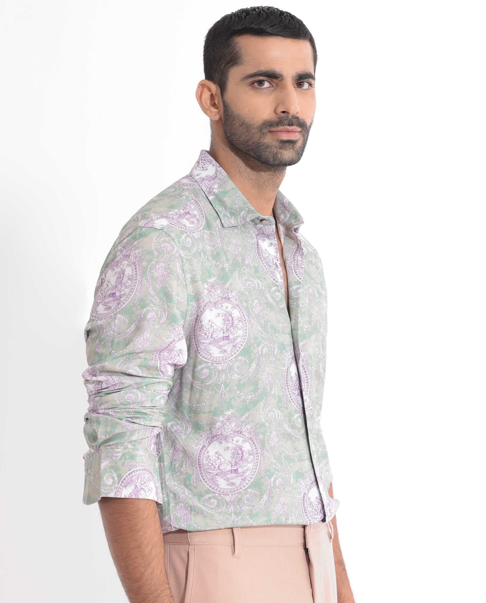 Rare Rabbit Men's Theon Dusky Green Viscose Fabric Full Sleeves Ornament Print Shirt