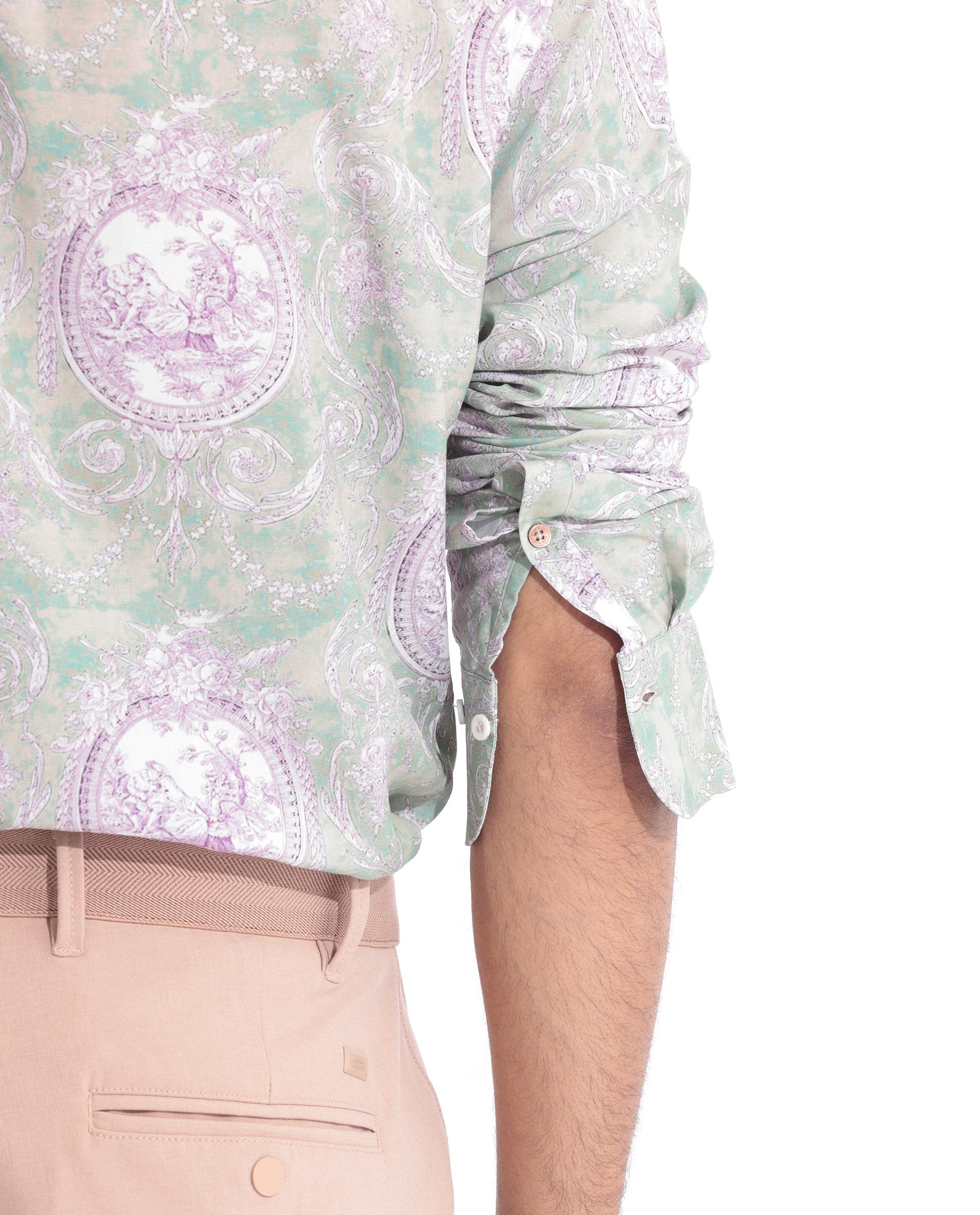 Rare Rabbit Men's Theon Dusky Green Viscose Fabric Full Sleeves Ornament Print Shirt