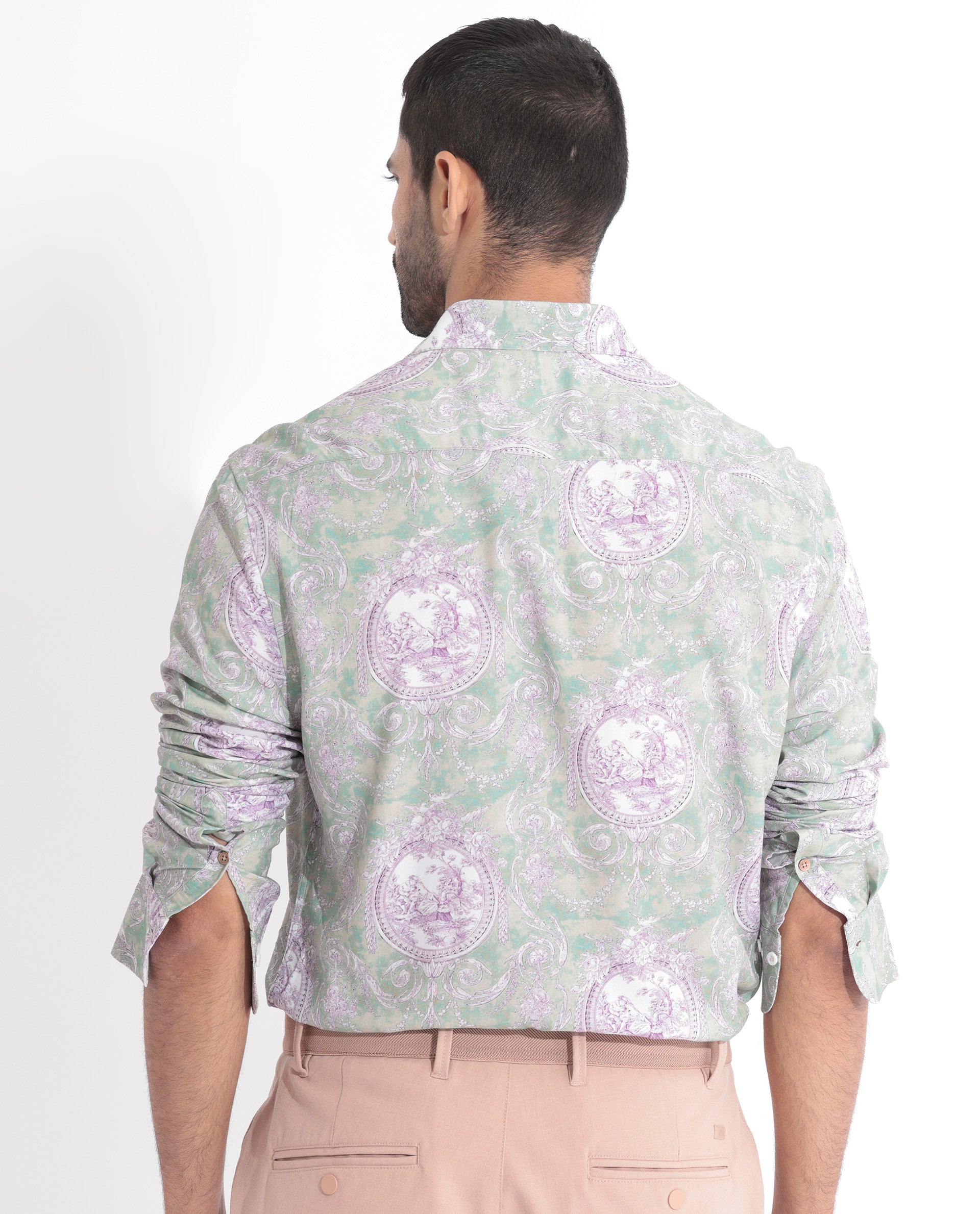 Rare Rabbit Men's Theon Dusky Green Viscose Fabric Full Sleeves Ornament Print Shirt