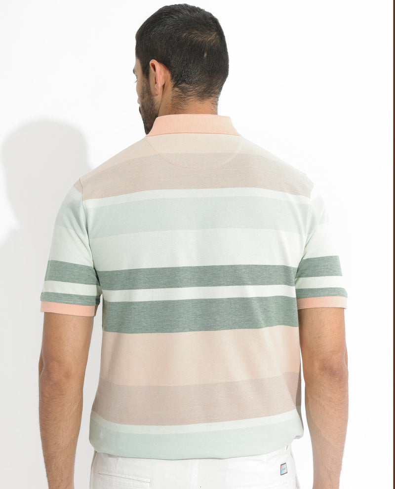 Rare Rabbit Men's Trenz Green Cotton Fabric Collared Neck Half Sleeves Striped Polo T-Shirt