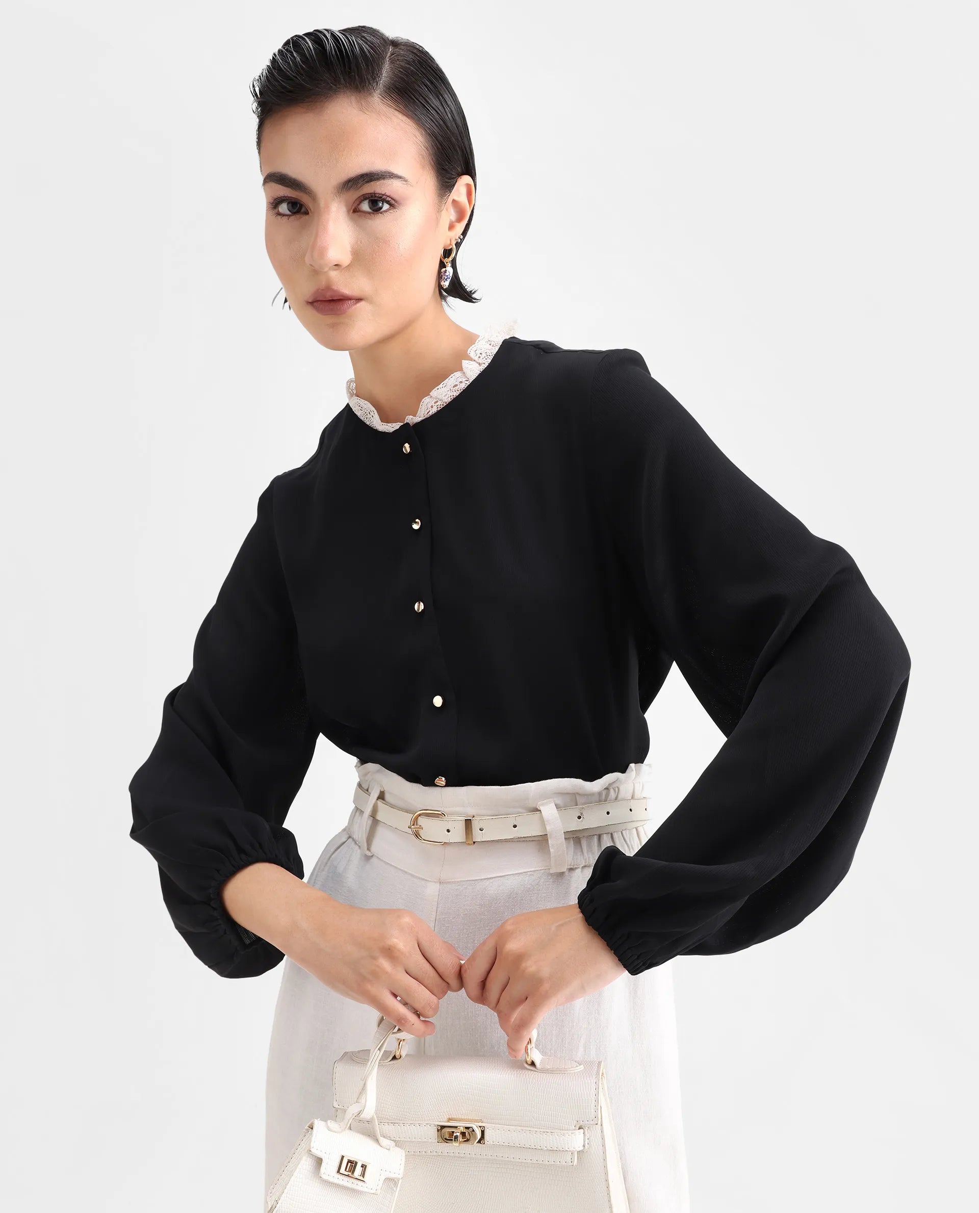 Rareism Women's Ubik Black Polyester Blend Crew Neck Plain Bishop Sleeve Regular Fit Top