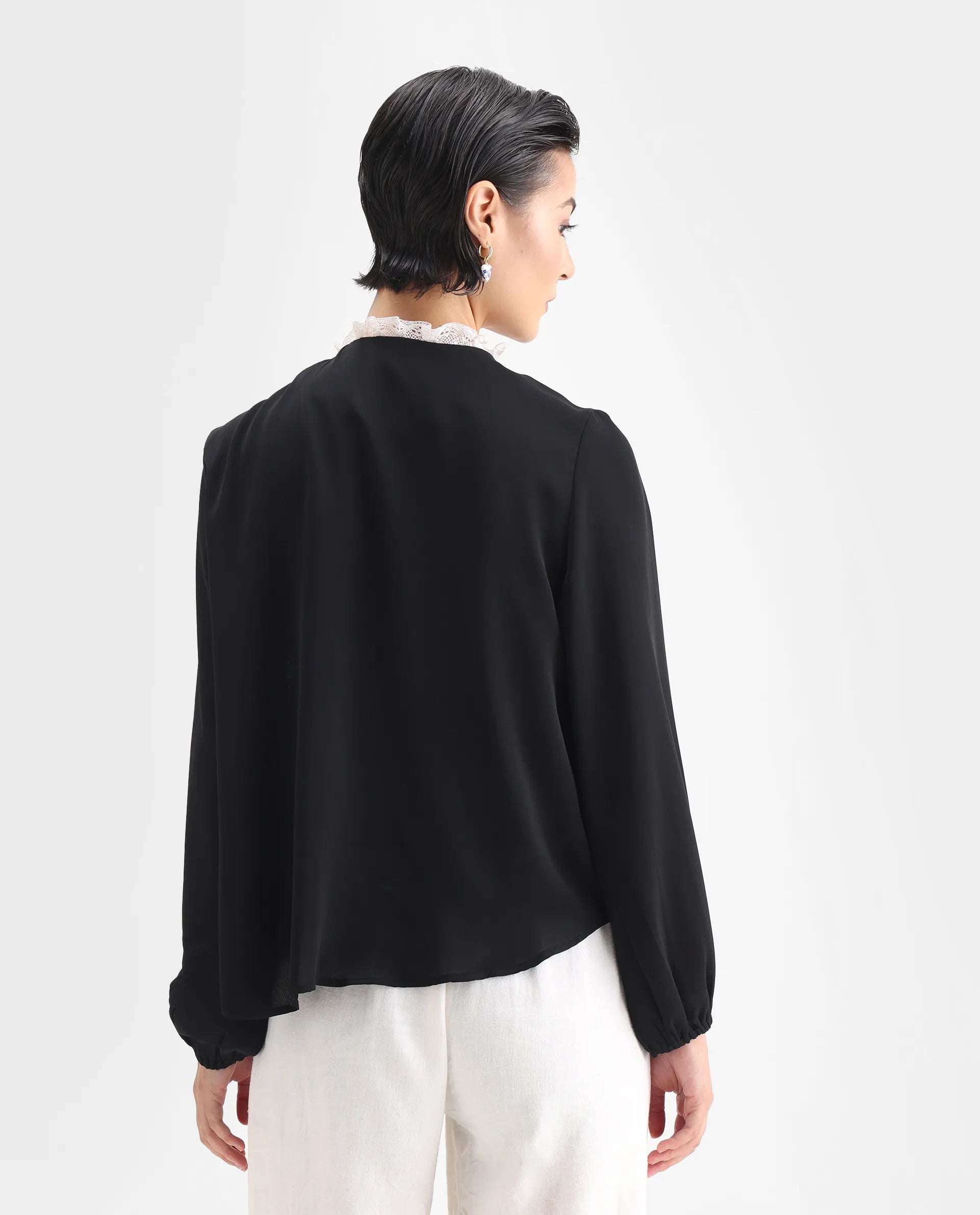 Rareism Women's Ubik Black Polyester Blend Crew Neck Plain Bishop Sleeve Regular Fit Top