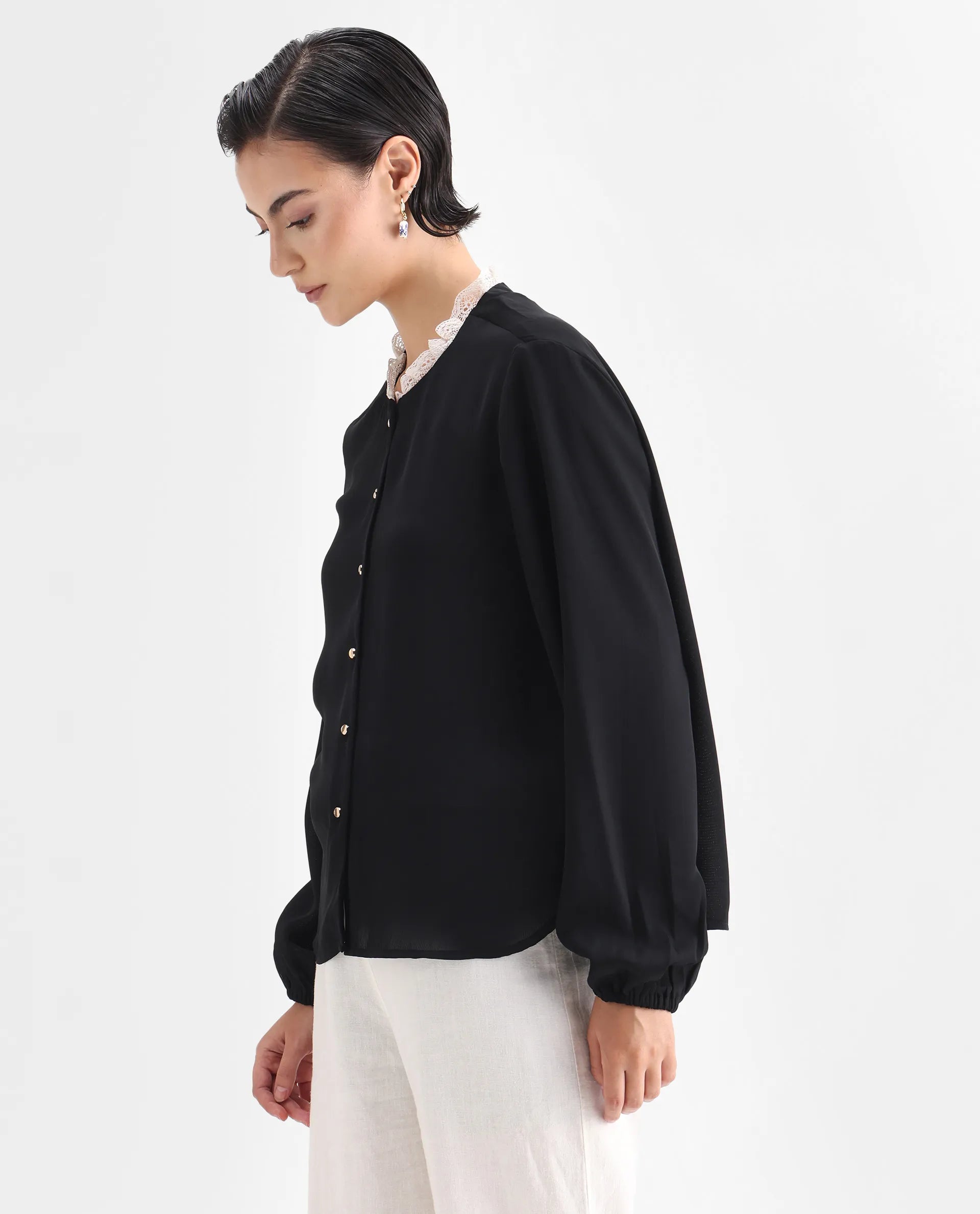 Rareism Women's Ubik Black Polyester Blend Crew Neck Plain Bishop Sleeve Regular Fit Top