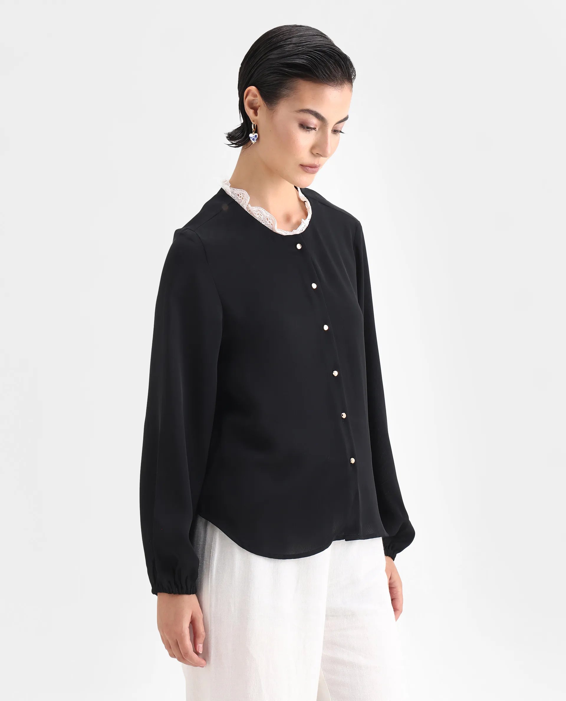 Rareism Women's Ubik Black Polyester Blend Crew Neck Plain Bishop Sleeve Regular Fit Top