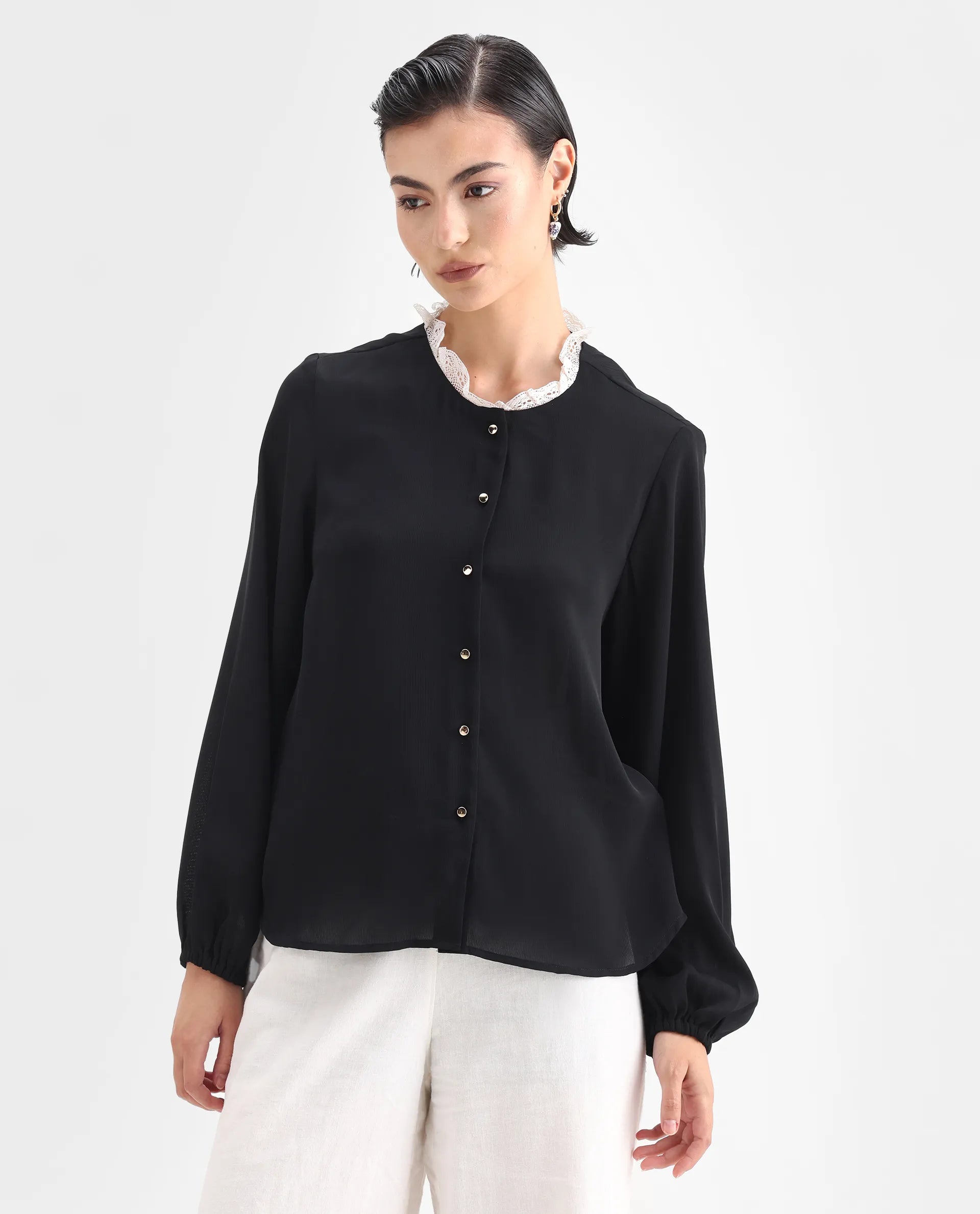Rareism Women's Ubik Black Polyester Blend Crew Neck Plain Bishop Sleeve Regular Fit Top