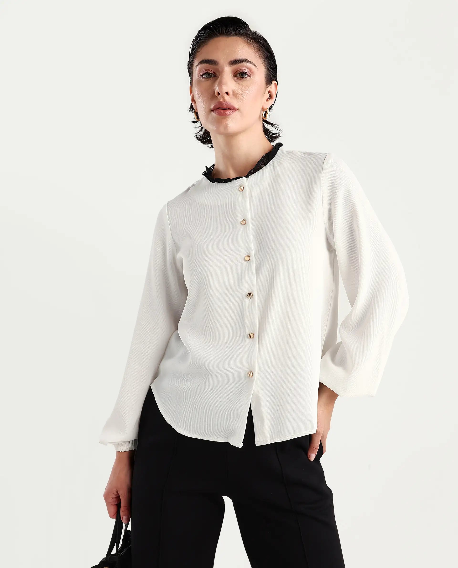 Rareism Women's Ubik White Polyester Blend Crew Neck Plain Bishop Sleeve Regular Fit Top