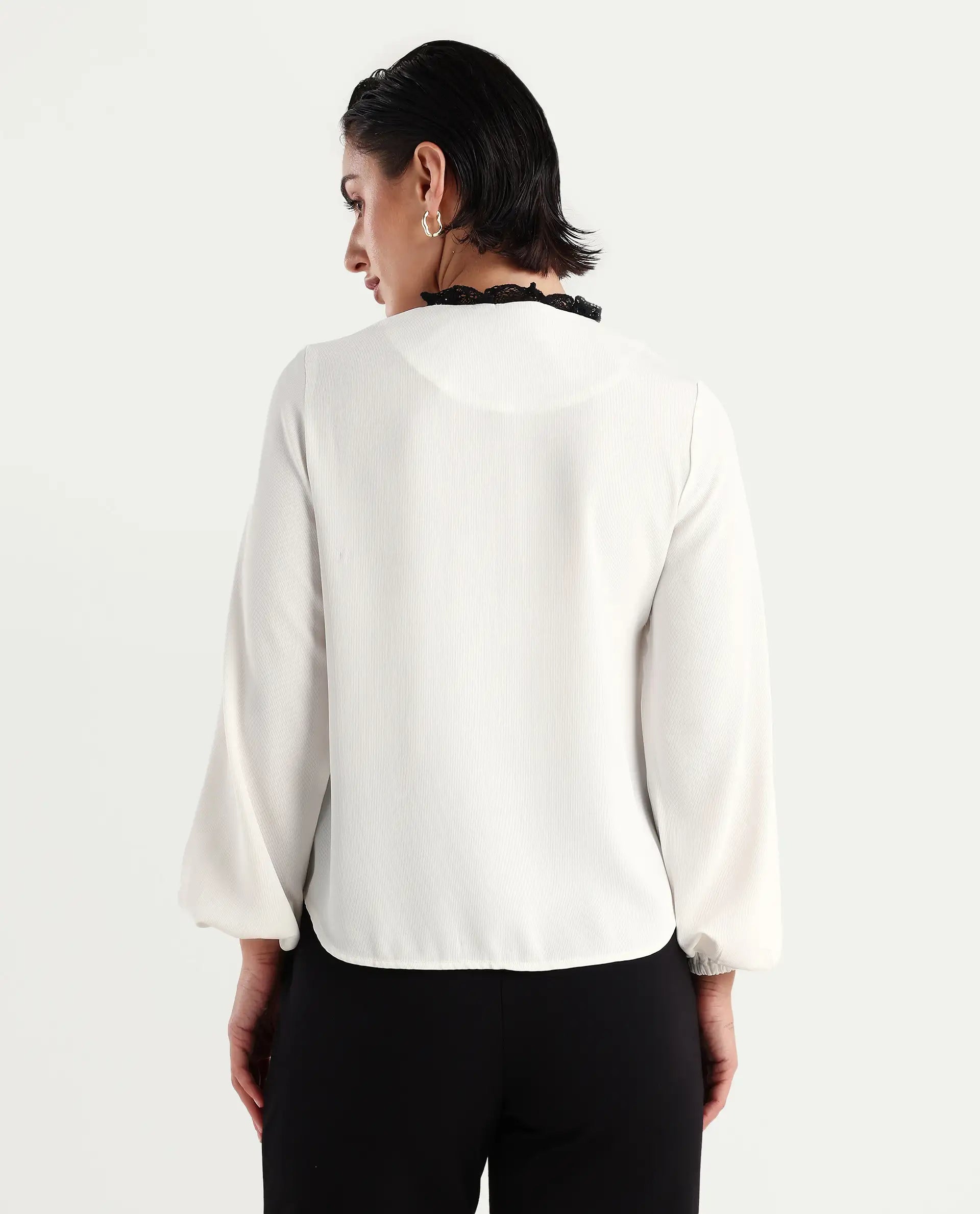 Rareism Women's Ubik White Polyester Blend Crew Neck Plain Bishop Sleeve Regular Fit Top