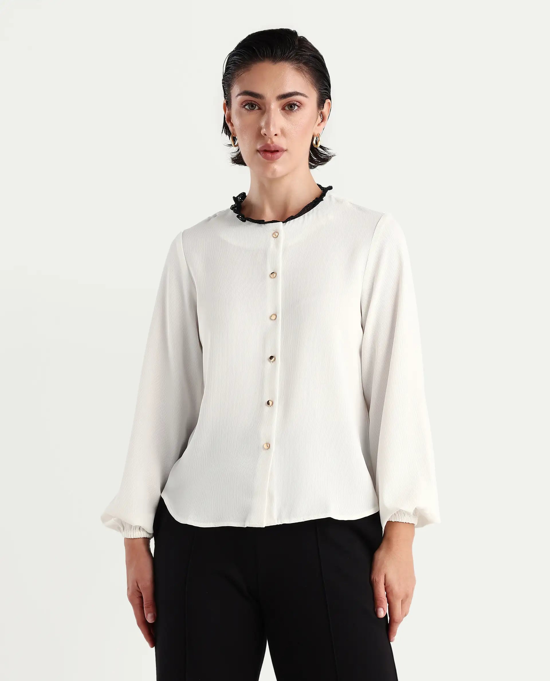 Rareism Women's Ubik White Polyester Blend Crew Neck Plain Bishop Sleeve Regular Fit Top