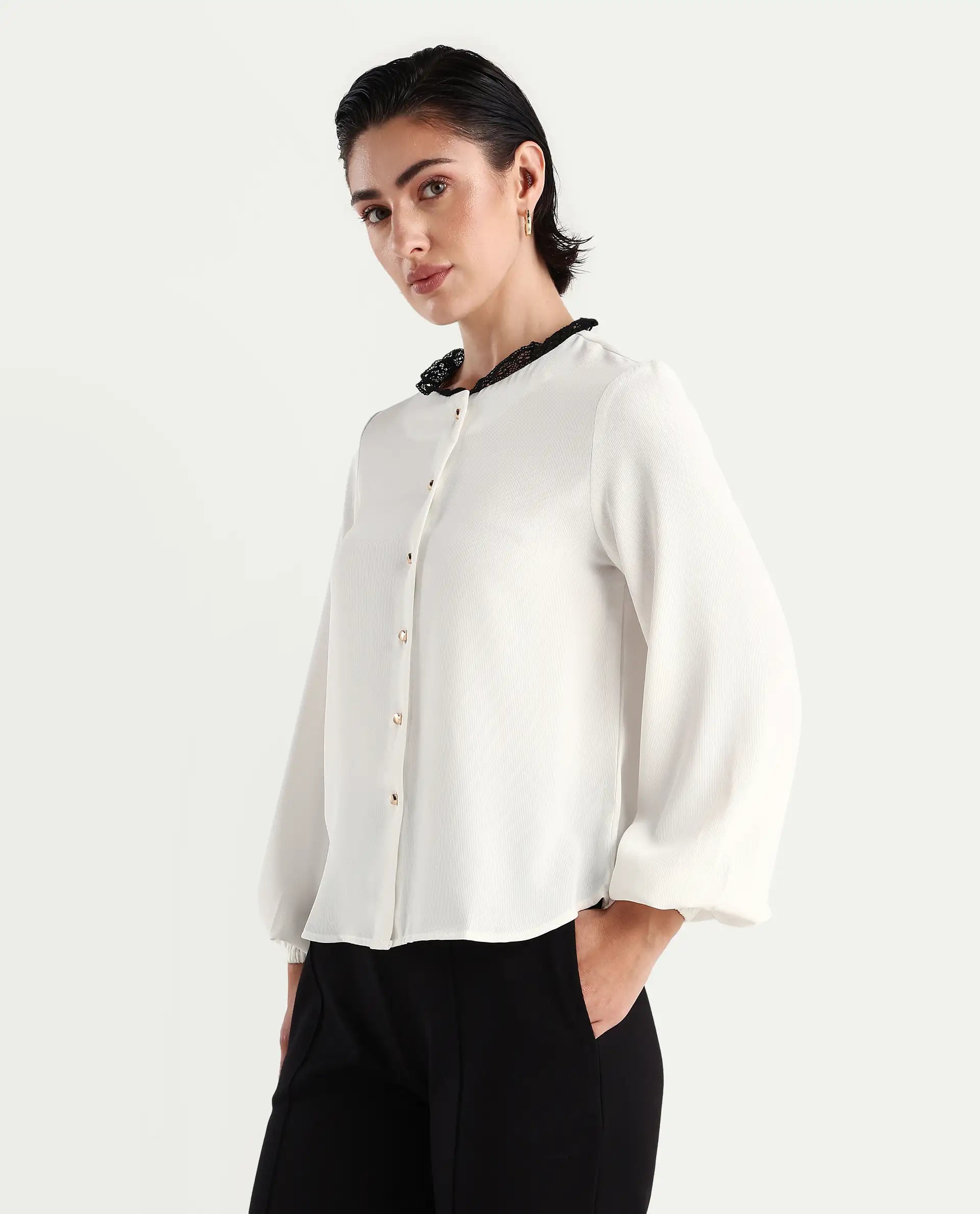 Rareism Women's Ubik White Polyester Blend Crew Neck Plain Bishop Sleeve Regular Fit Top