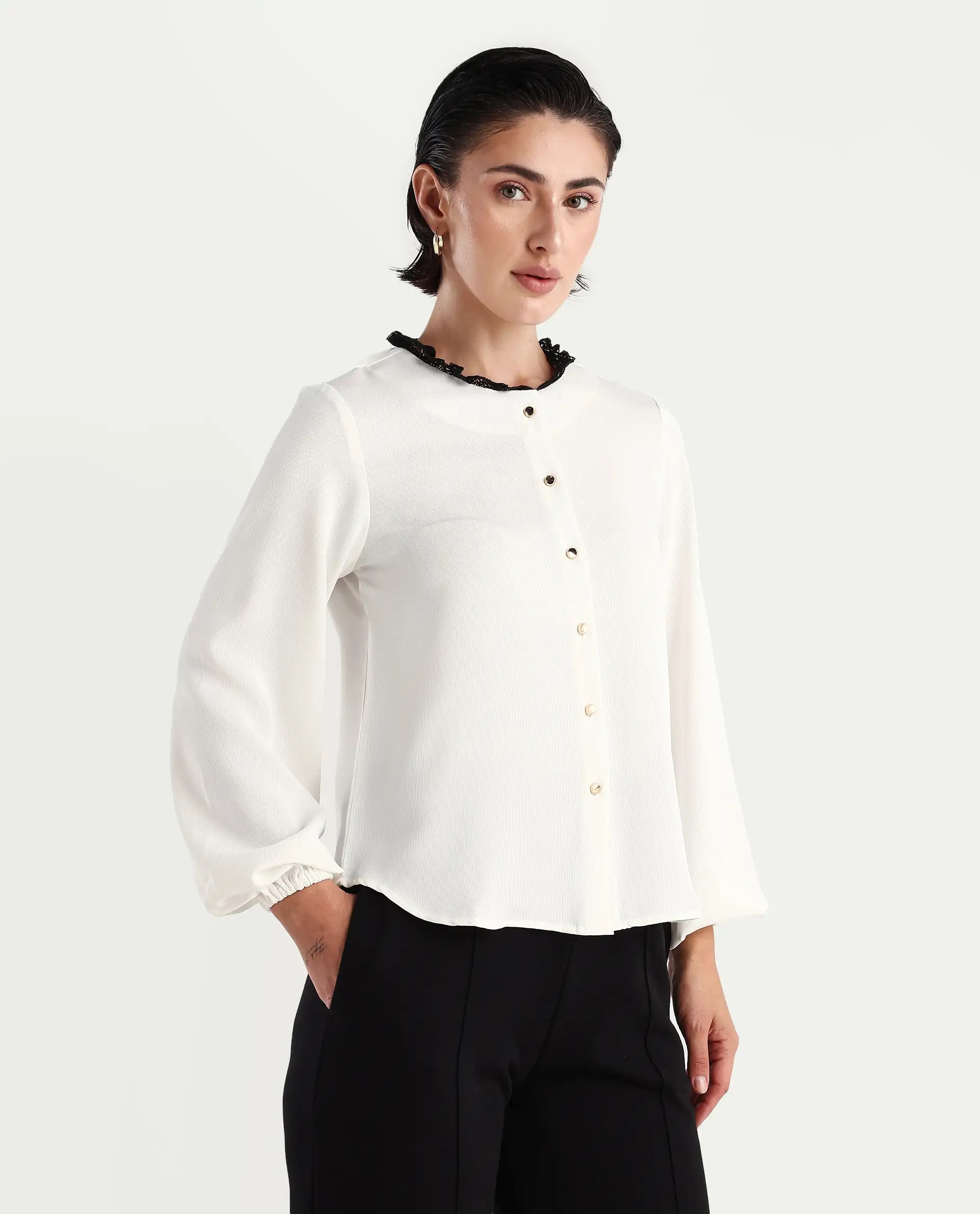 Rareism Women's Ubik White Polyester Blend Crew Neck Plain Bishop Sleeve Regular Fit Top