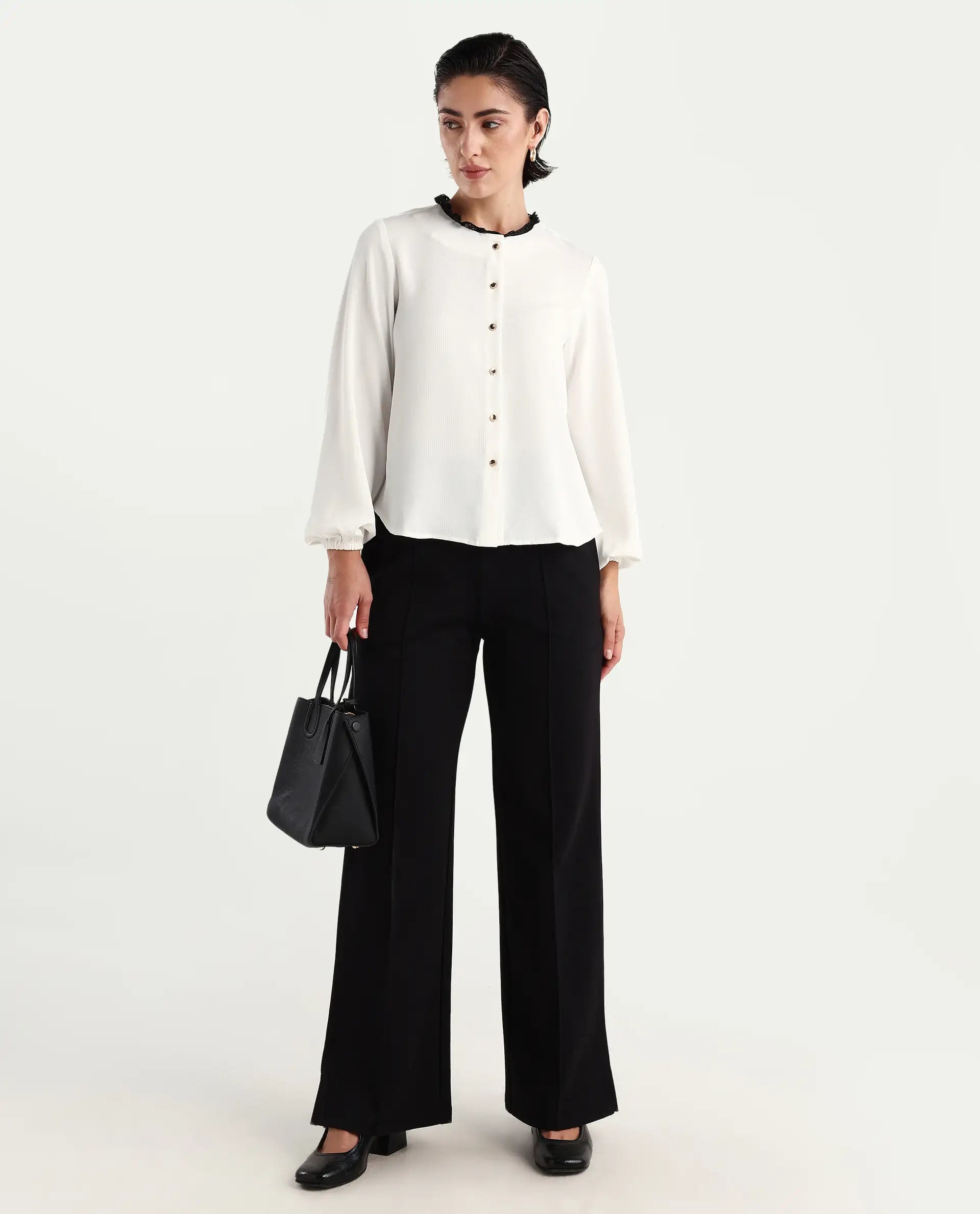 Rareism Women's Ubik White Polyester Blend Crew Neck Plain Bishop Sleeve Regular Fit Top