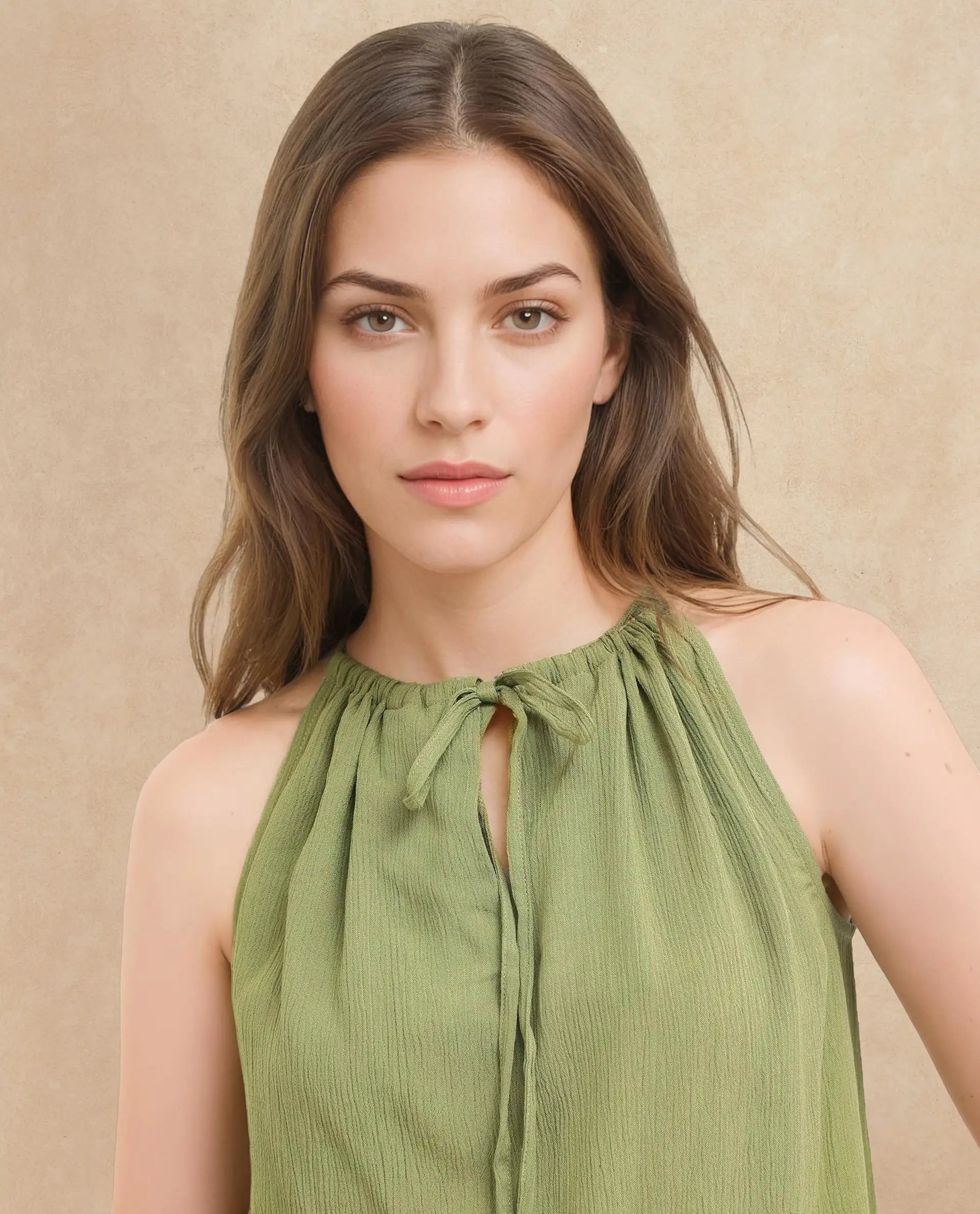 Rareism Women's Udine Green Rayon Halter Neck Plain Sleeveless Regular Fit Top