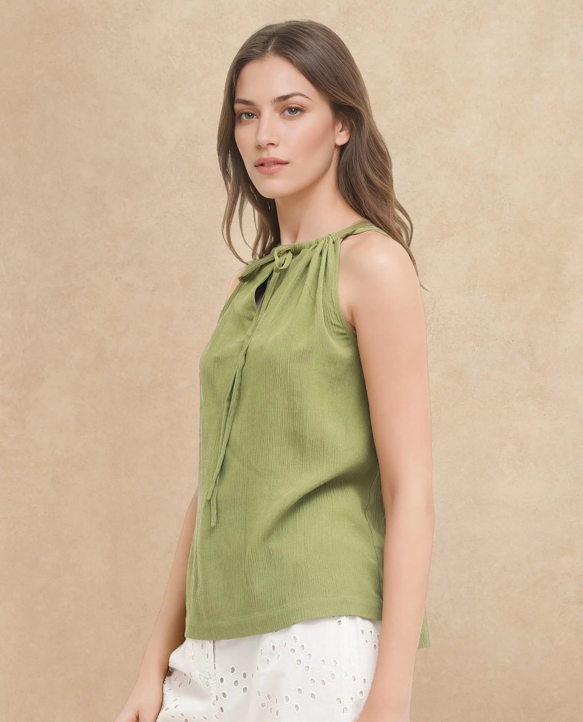 Rareism Women's Udine Green Rayon Halter Neck Plain Sleeveless Regular Fit Top