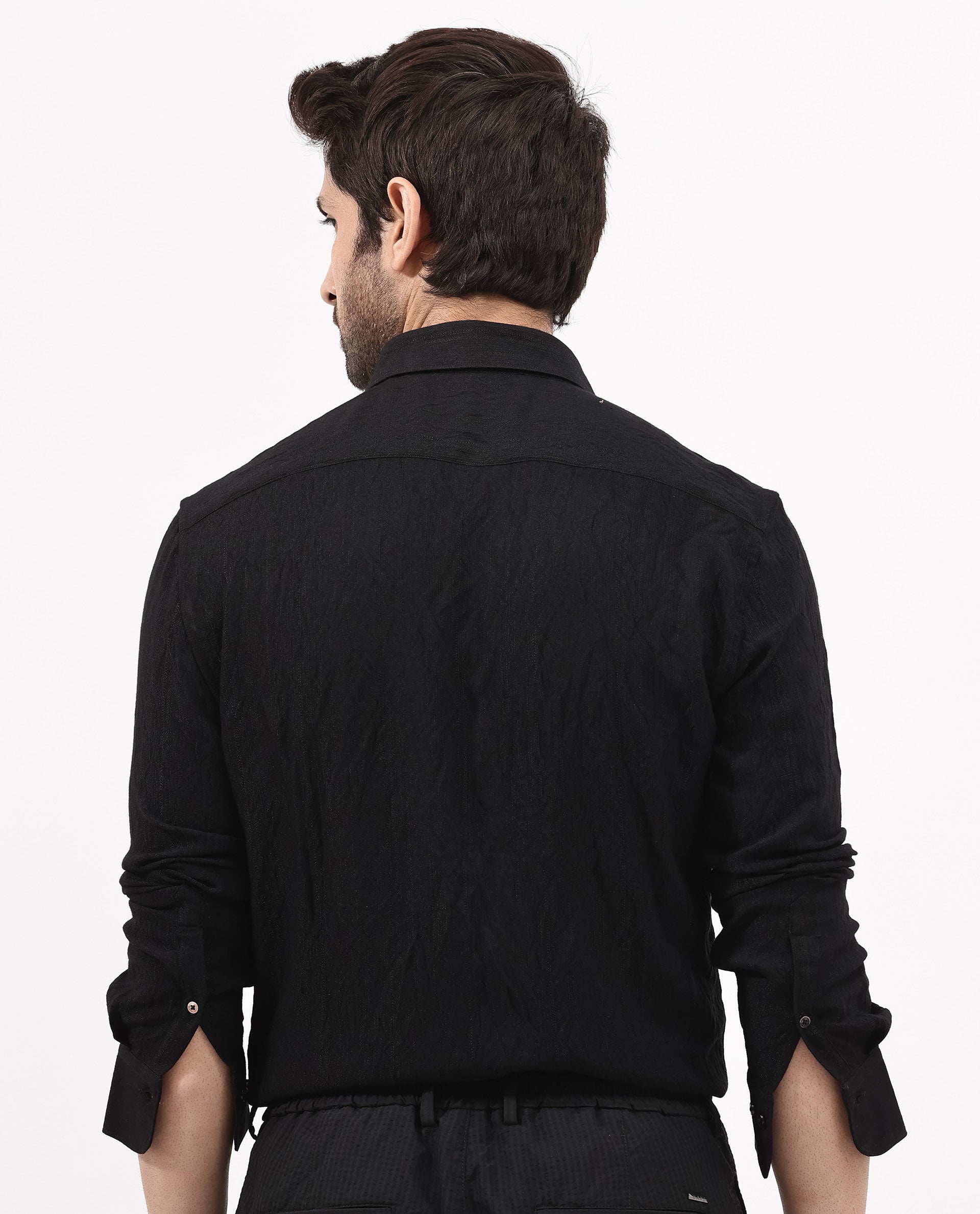 Rare Rabbit Mens Ufa Black Viscose Nylon Blend Fabric Full Sleeve Regular Fit Textured Solid Shirt