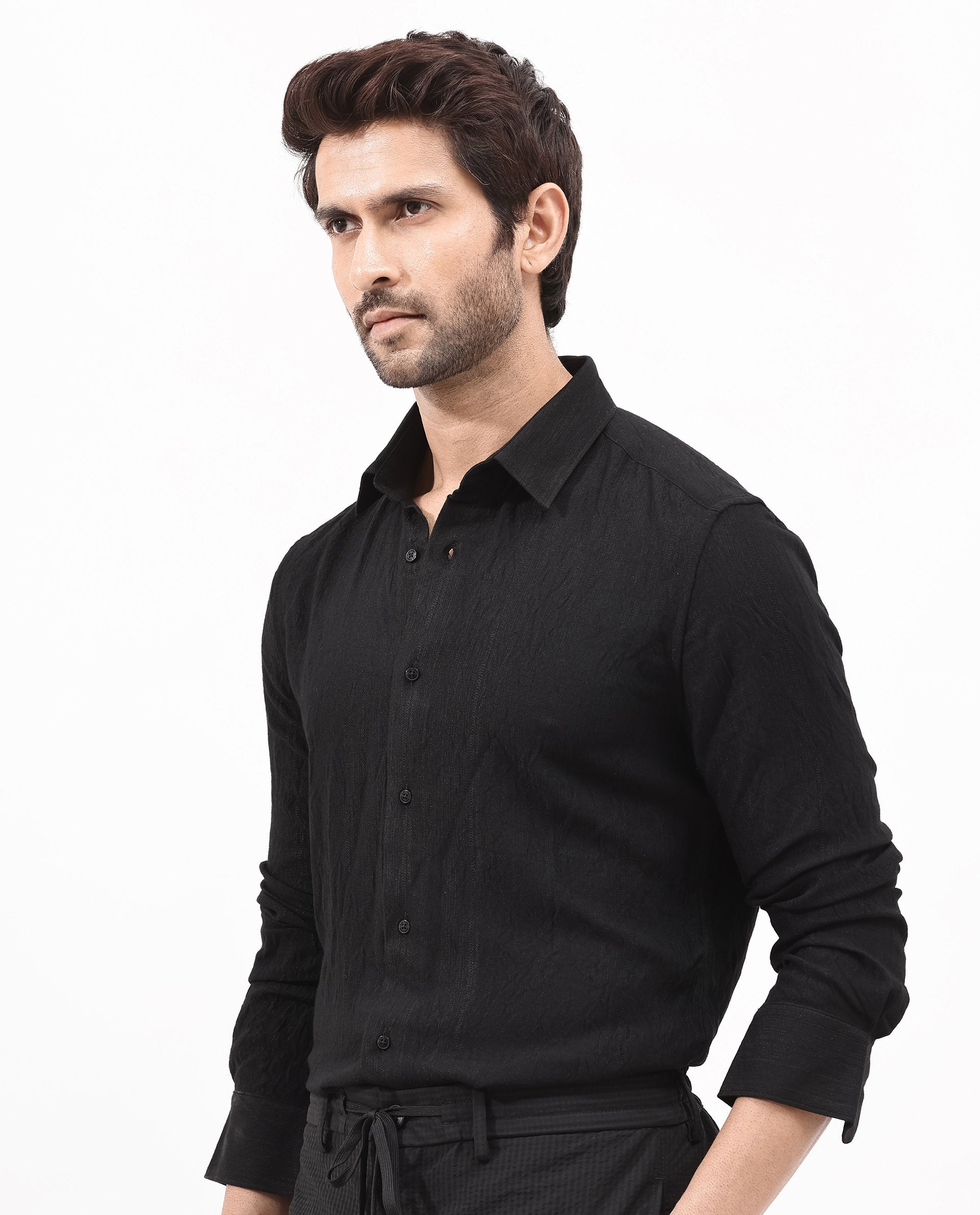 Rare Rabbit Mens Ufa Black Viscose Nylon Blend Fabric Full Sleeve Regular Fit Textured Solid Shirt