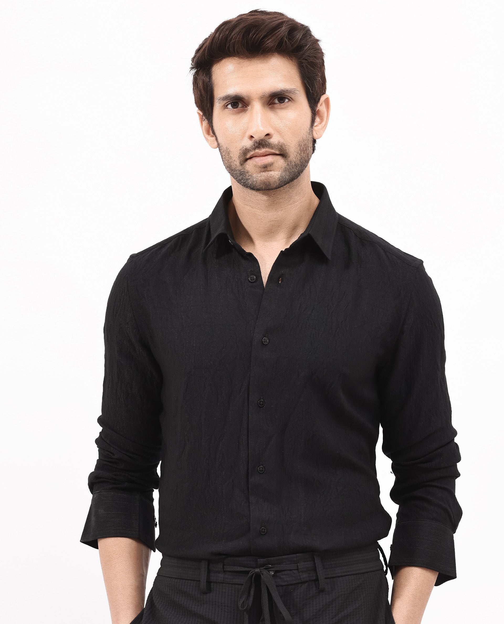 Rare Rabbit Mens Ufa Black Viscose Nylon Blend Fabric Full Sleeve Regular Fit Textured Solid Shirt