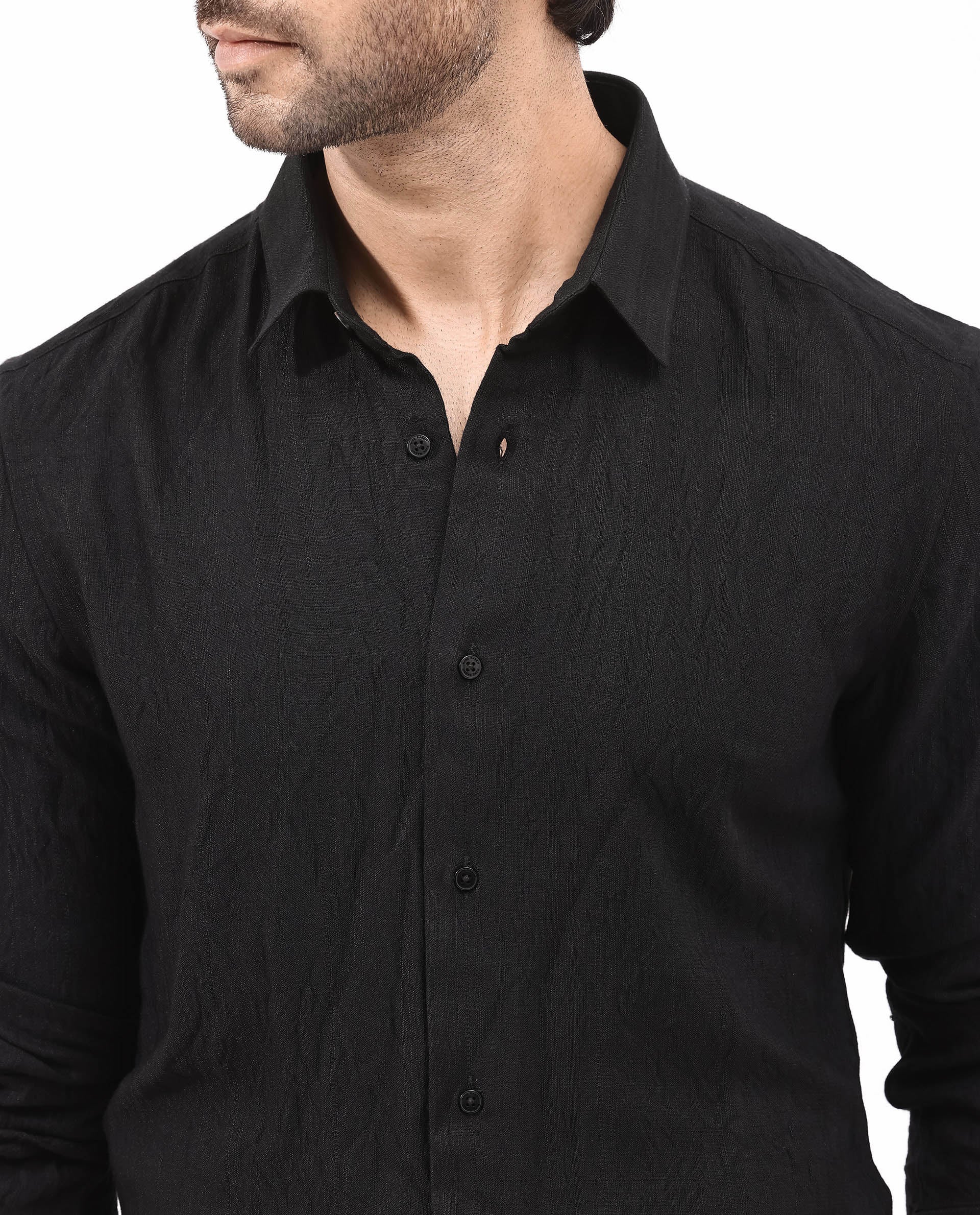 Rare Rabbit Mens Ufa Black Viscose Nylon Blend Fabric Full Sleeve Regular Fit Textured Solid Shirt