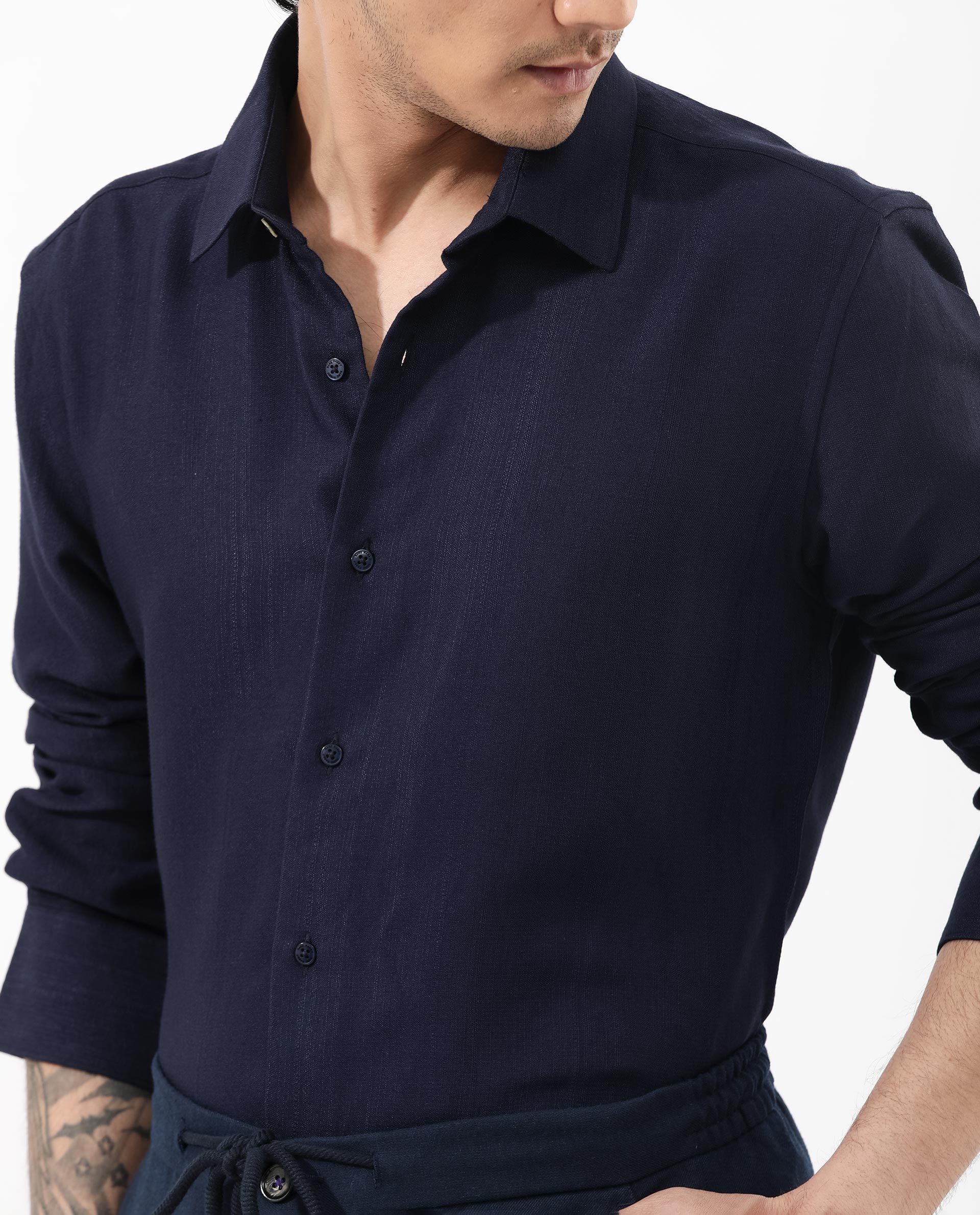 Rare Rabbit Mens Ufa Navy Viscose Nylon Blend Fabric Full Sleeve Regular Fit Textured Solid Shirt