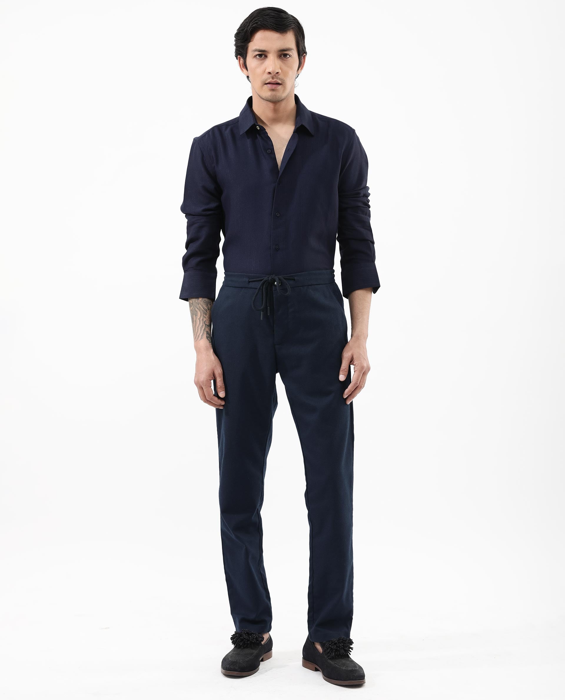 Rare Rabbit Mens Ufa Navy Viscose Nylon Blend Fabric Full Sleeve Regular Fit Textured Solid Shirt