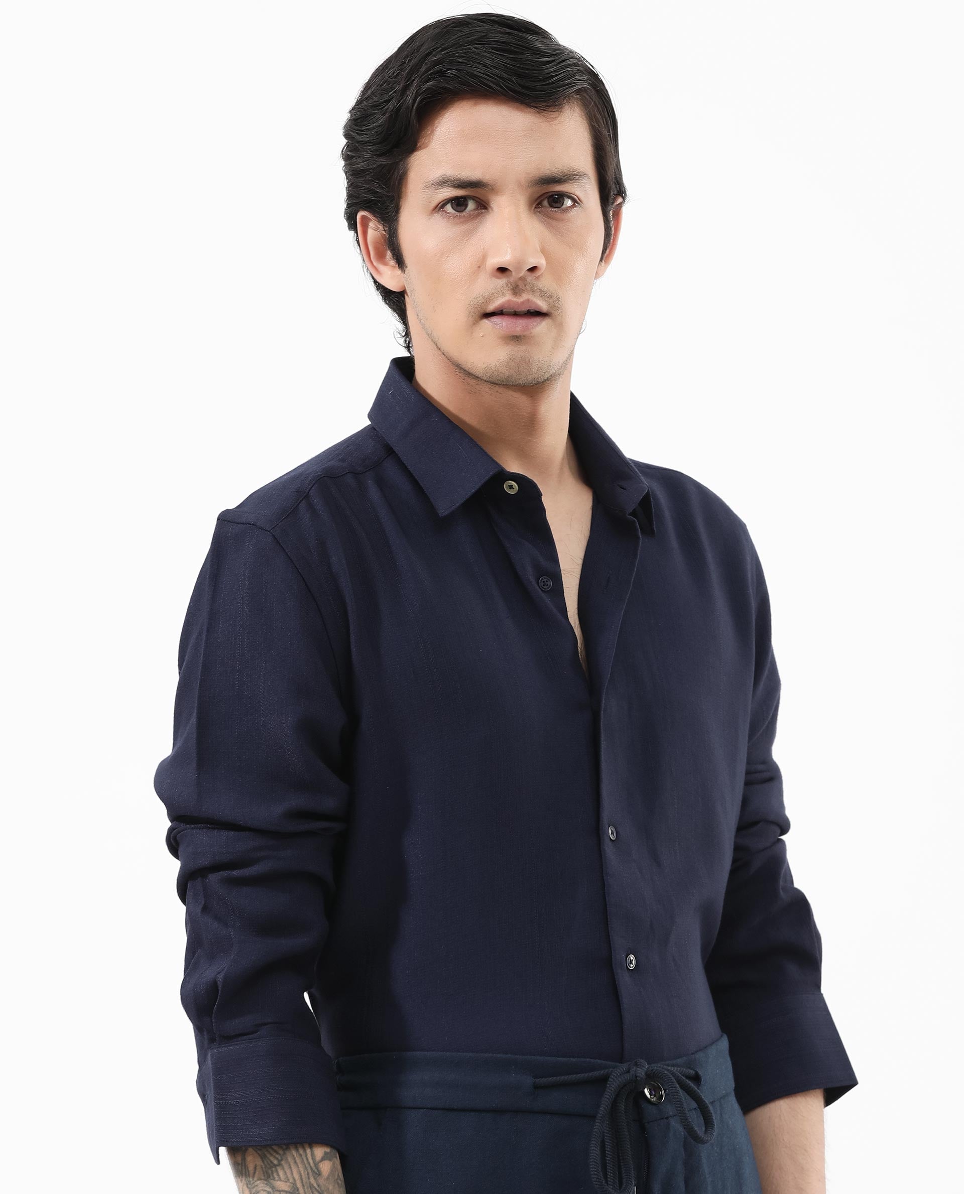 Rare Rabbit Mens Ufa Navy Viscose Nylon Blend Fabric Full Sleeve Regular Fit Textured Solid Shirt