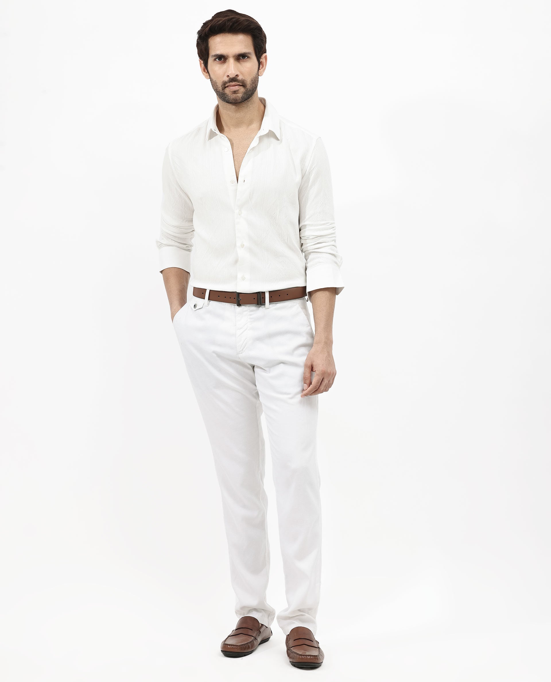 Rare Rabbit Mens Ufa White Viscose Nylon Blend Fabric Full Sleeve Regular Fit Textured Solid Shirt