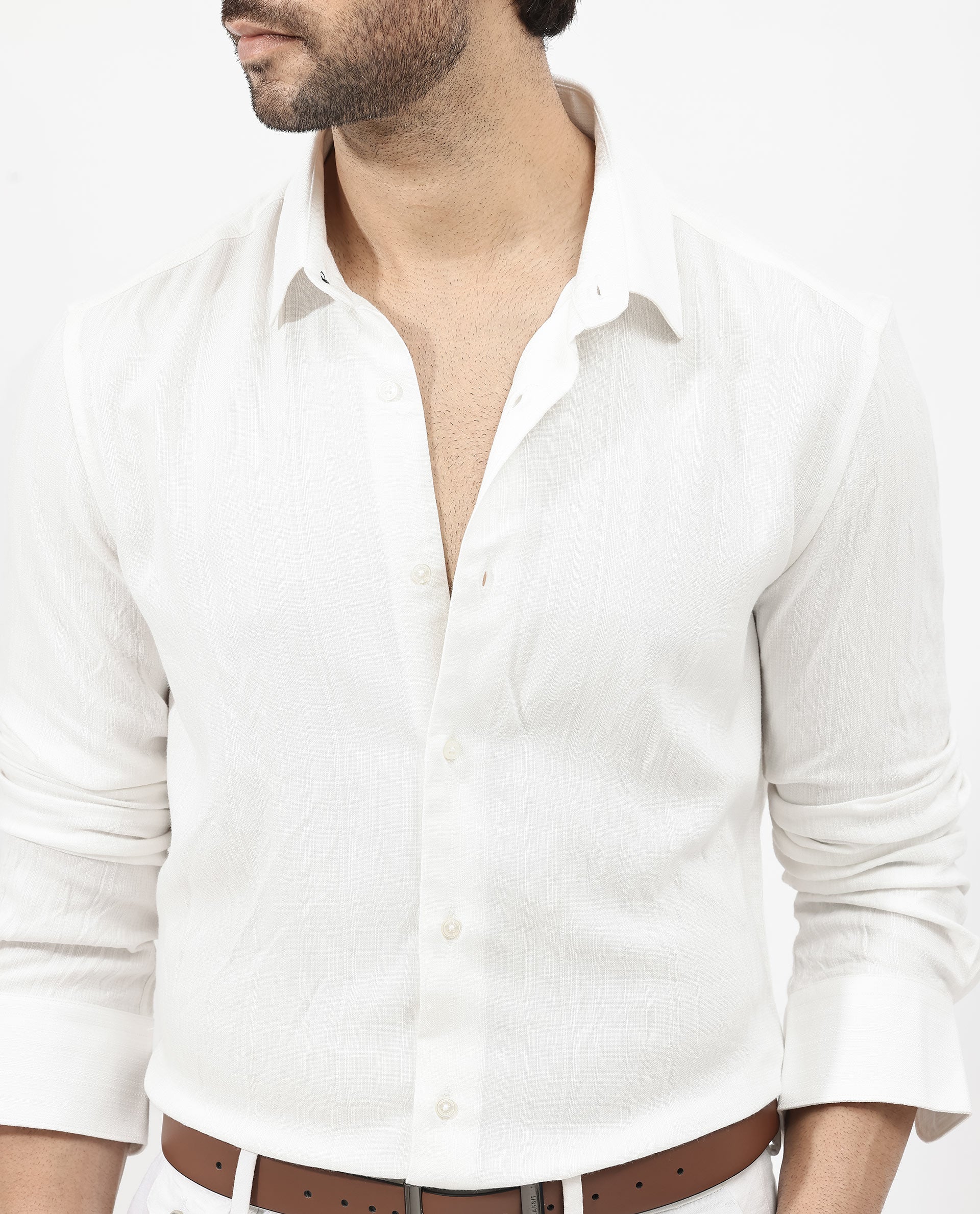 Rare Rabbit Mens Ufa White Viscose Nylon Blend Fabric Full Sleeve Regular Fit Textured Solid Shirt