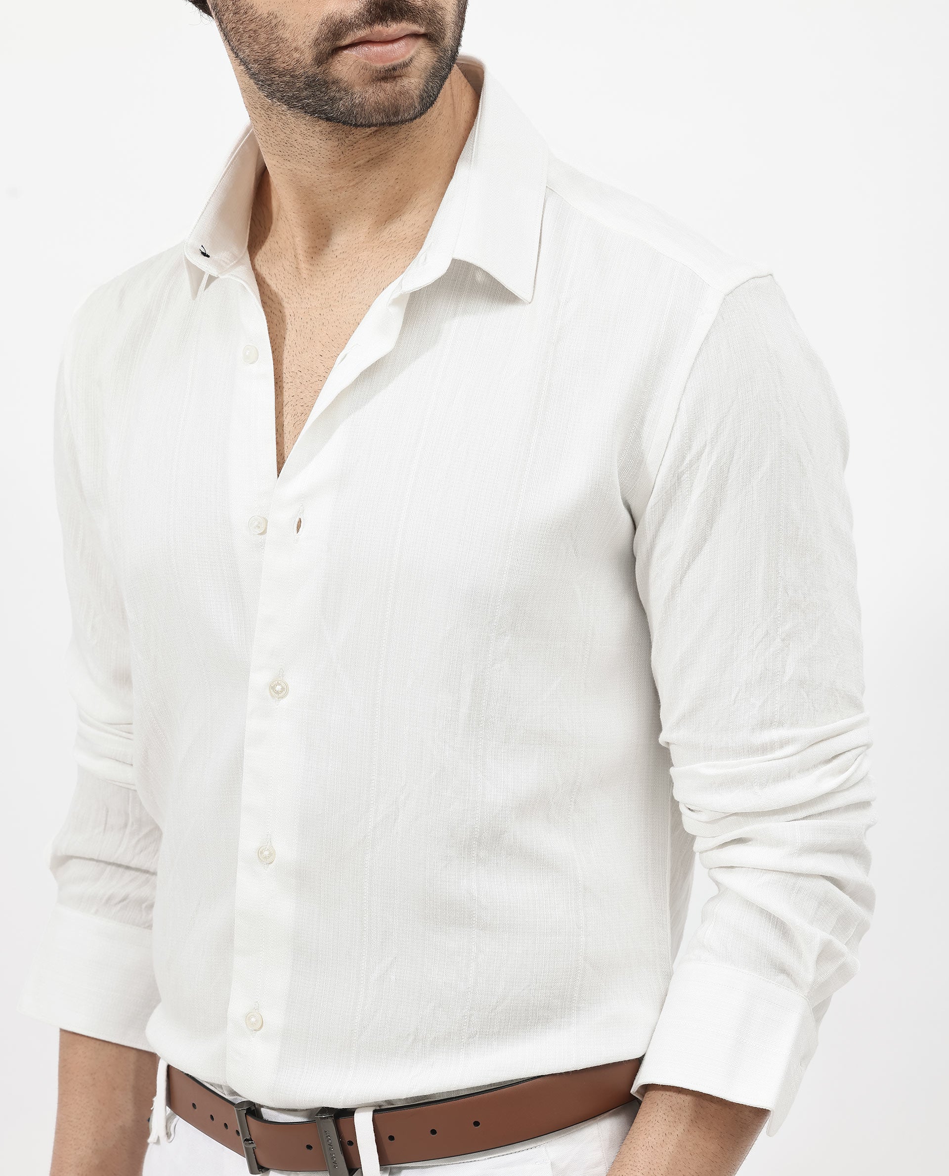 Rare Rabbit Mens Ufa White Viscose Nylon Blend Fabric Full Sleeve Regular Fit Textured Solid Shirt