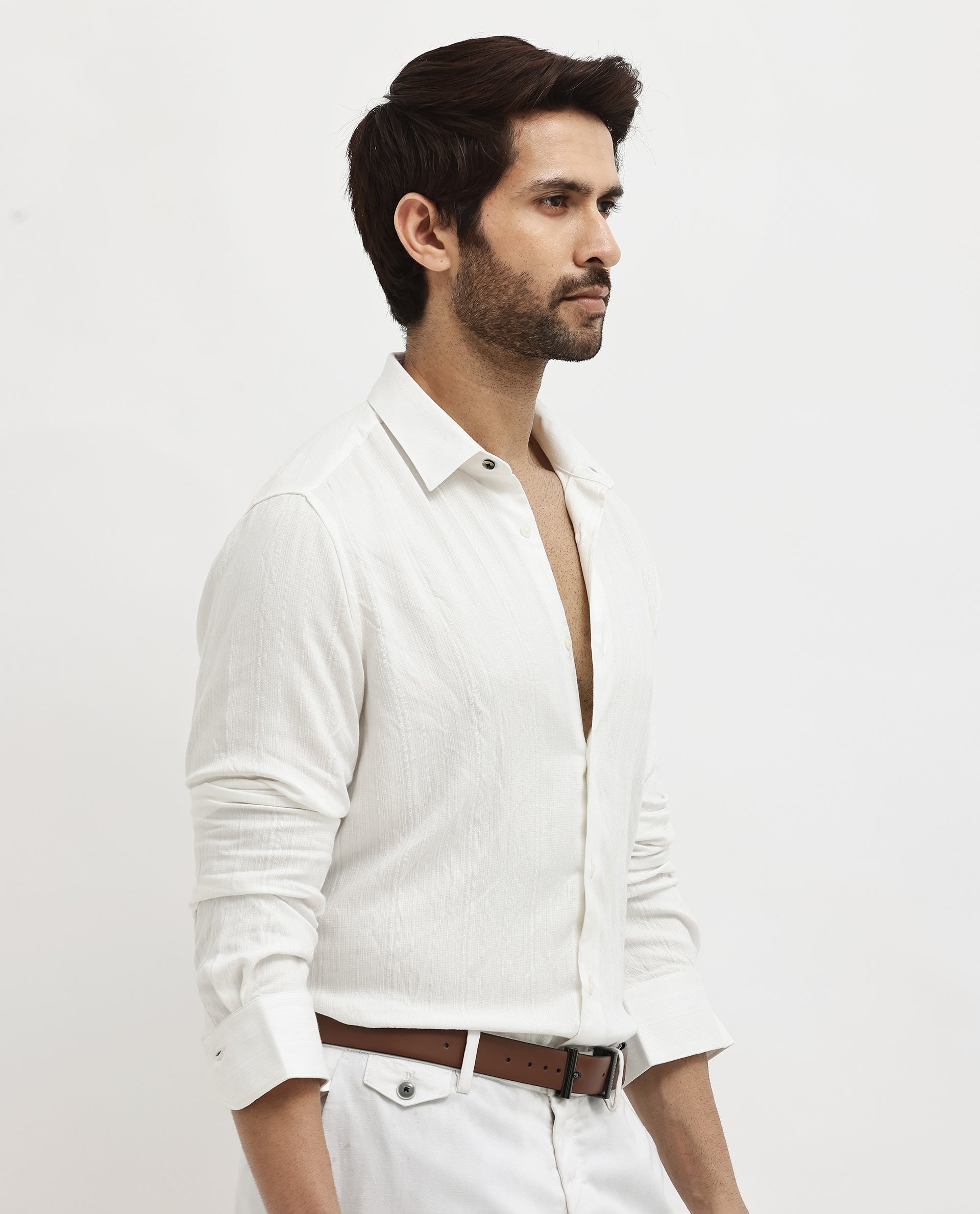 Rare Rabbit Mens Ufa White Viscose Nylon Blend Fabric Full Sleeve Regular Fit Textured Solid Shirt