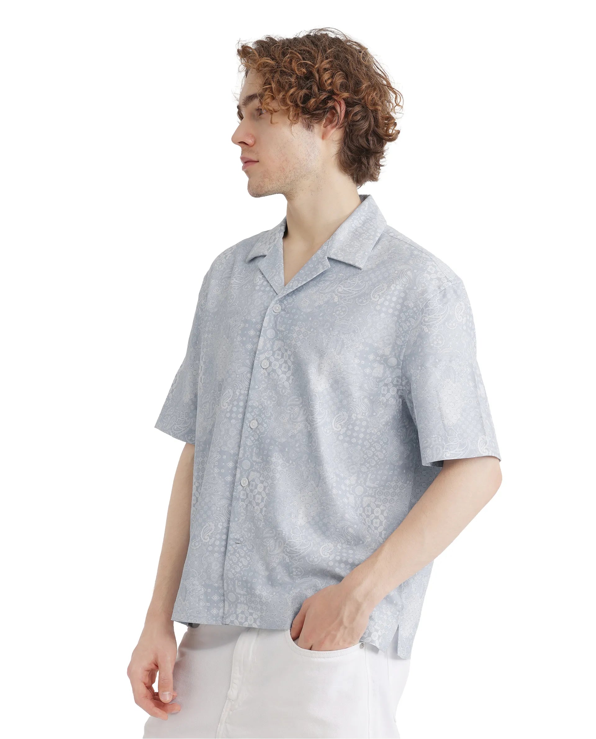 Rare Rabbit Men's Uffy Light Blue Cotton Fabric Short Sleeve Cuban Collared Button Closure Printed Shirt