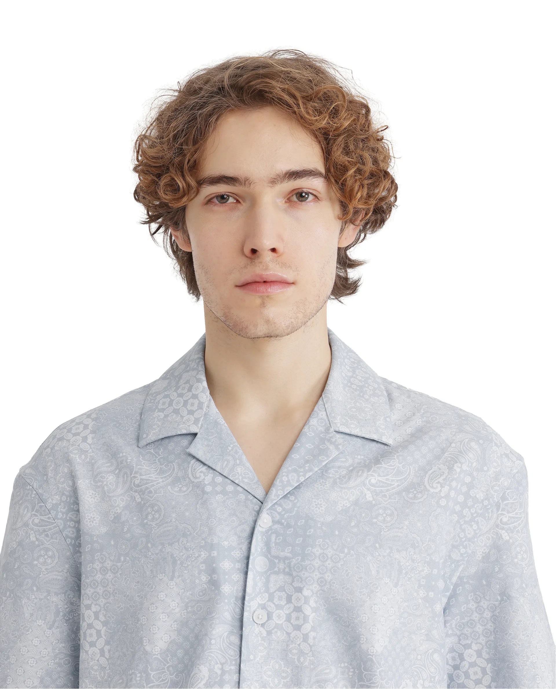 Rare Rabbit Men's Uffy Light Blue Cotton Fabric Short Sleeve Cuban Collared Button Closure Printed Shirt