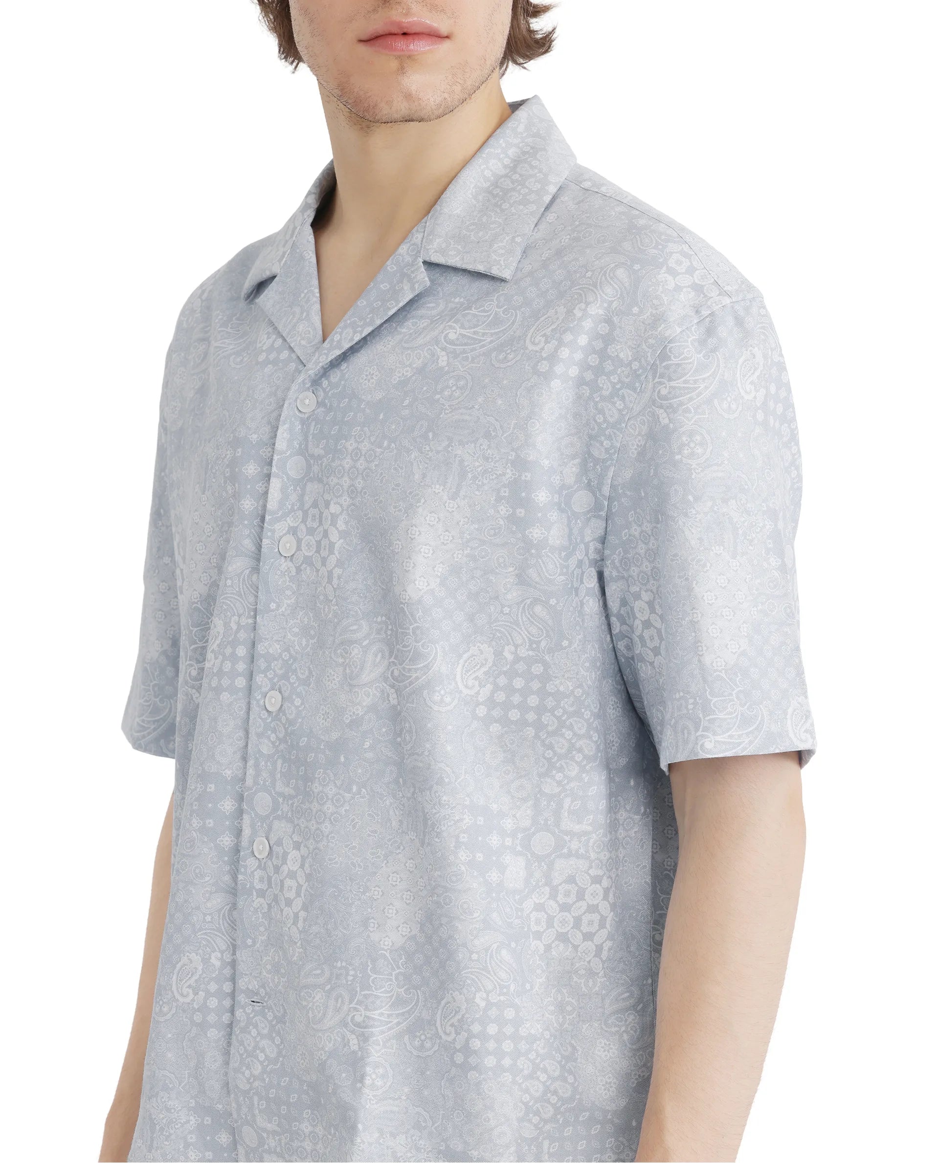 Rare Rabbit Men's Uffy Light Blue Cotton Fabric Short Sleeve Cuban Collared Button Closure Printed Shirt