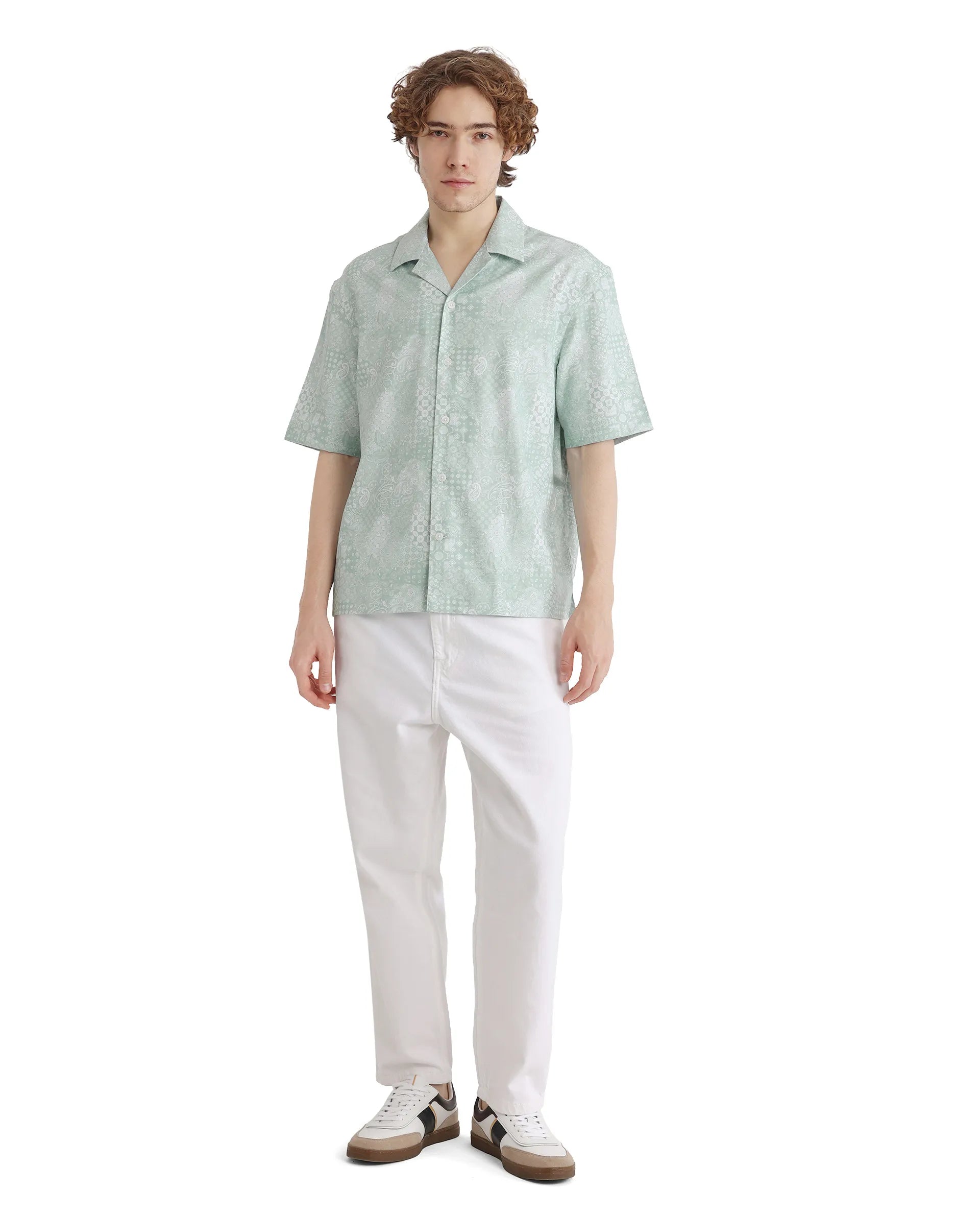 Rare Rabbit Men's Uffy Light Green Cotton Fabric Short Sleeve Cuban Collared Button Closure Printed Shirt