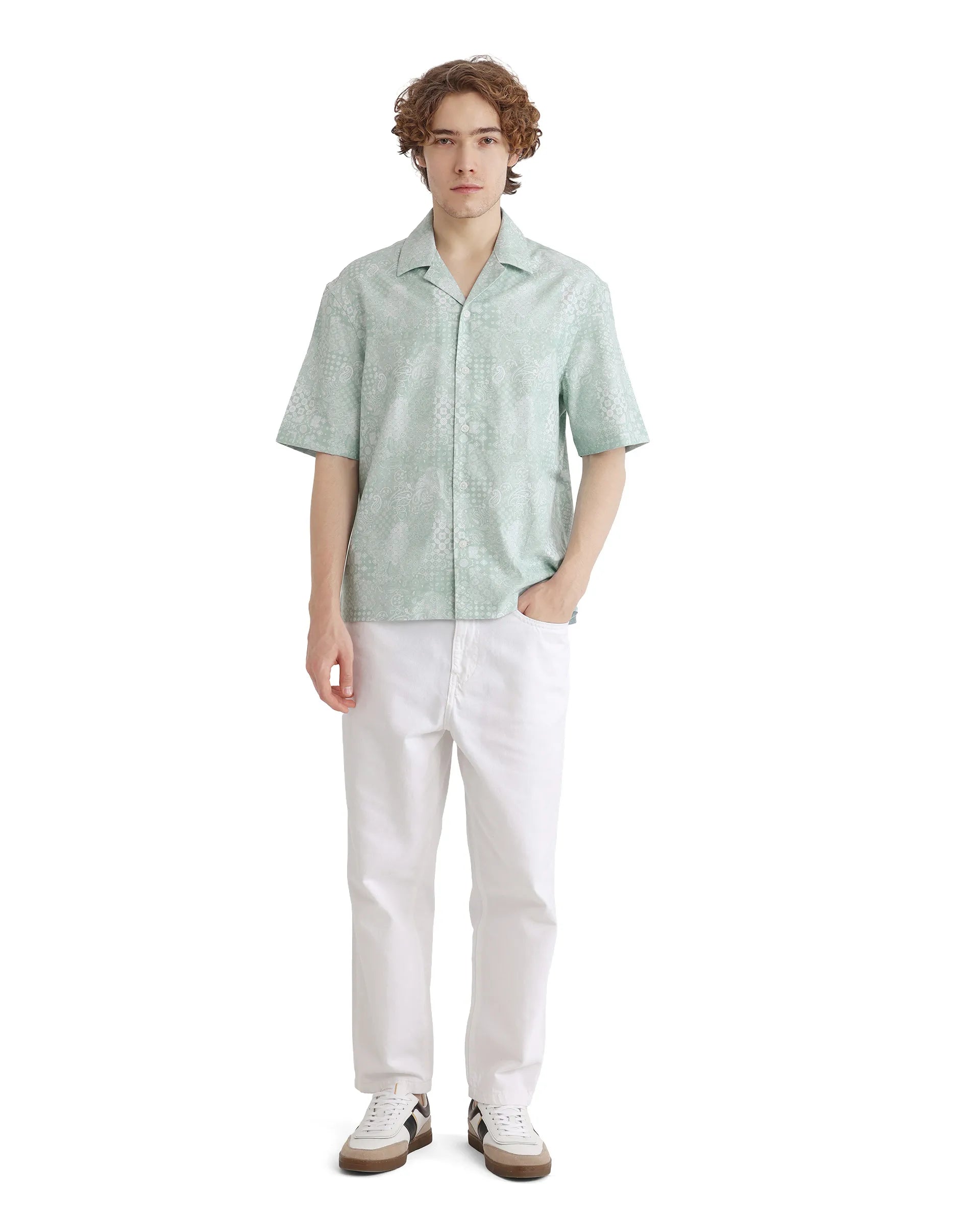 Rare Rabbit Men's Uffy Light Green Cotton Fabric Short Sleeve Cuban Collared Button Closure Printed Shirt