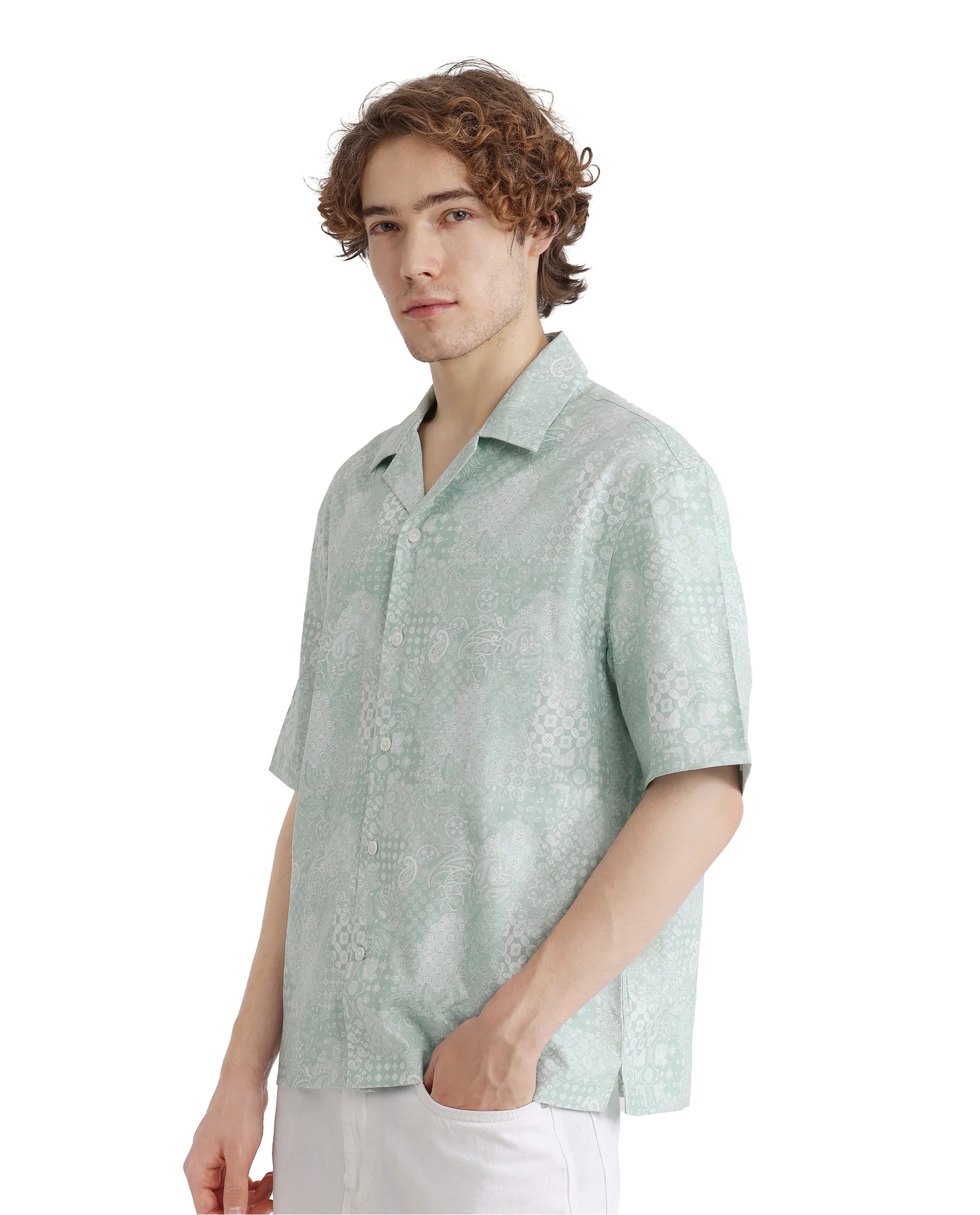 Rare Rabbit Men's Uffy Light Green Cotton Fabric Short Sleeve Cuban Collared Button Closure Printed Shirt