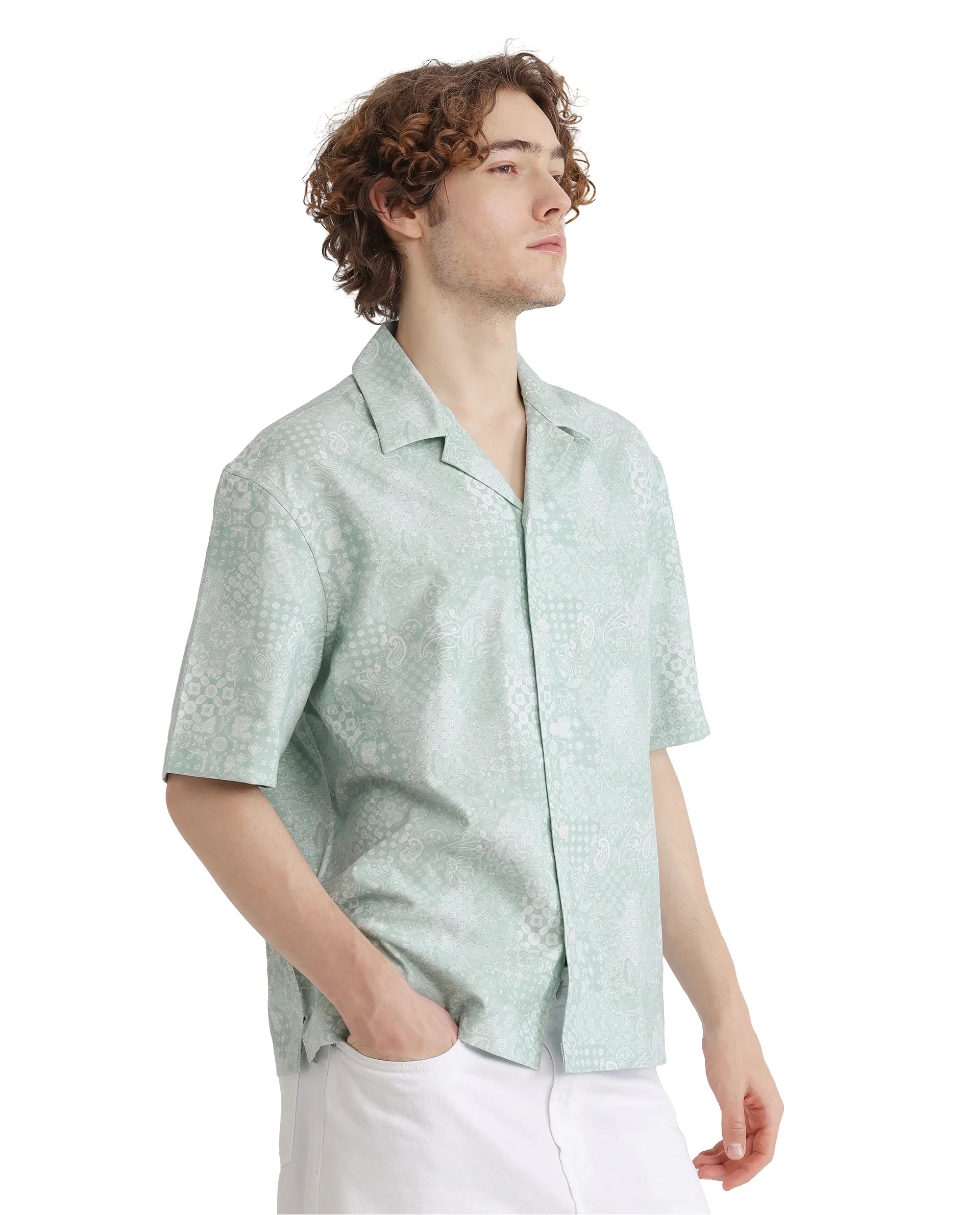 Rare Rabbit Men's Uffy Light Green Cotton Fabric Short Sleeve Cuban Collared Button Closure Printed Shirt