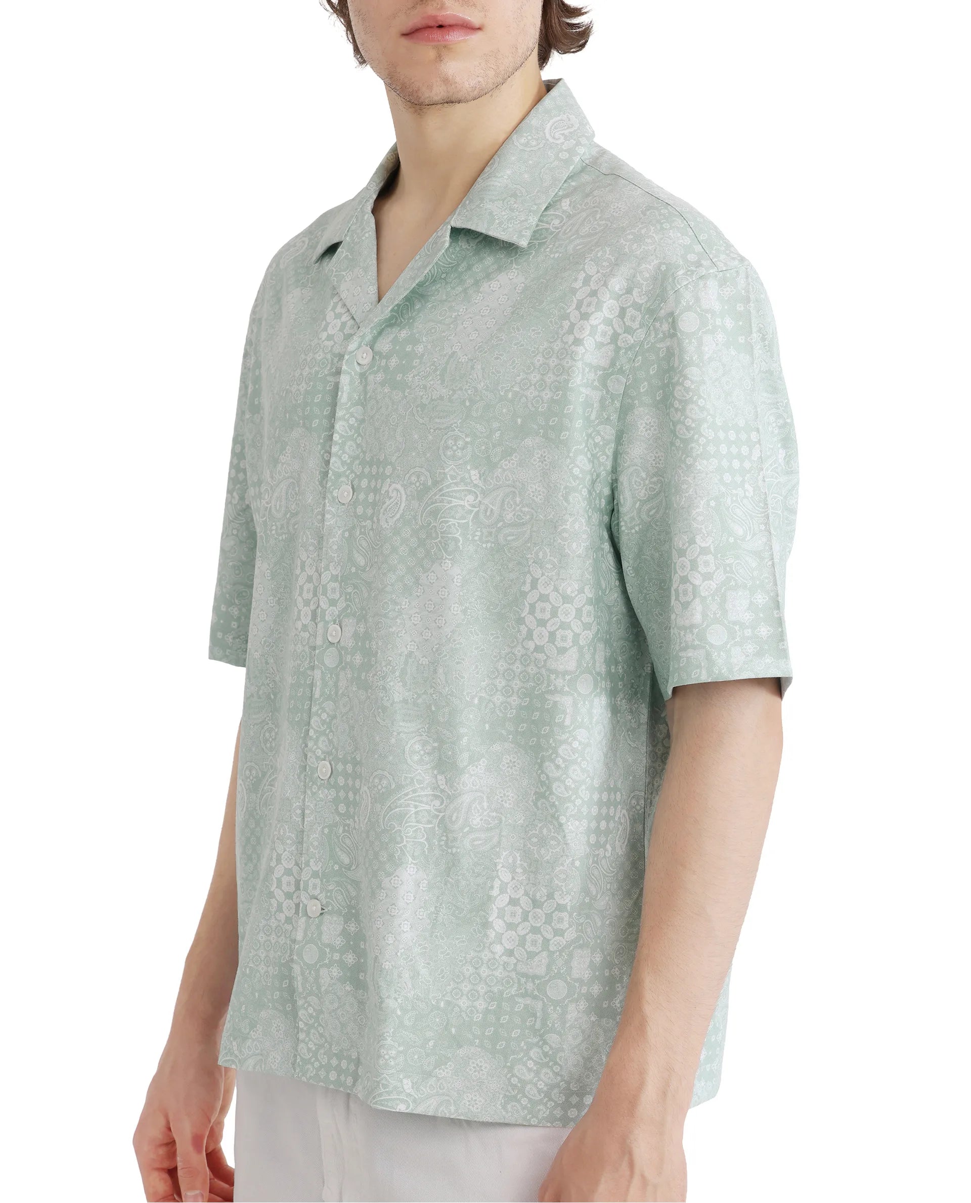 Rare Rabbit Men's Uffy Light Green Cotton Fabric Short Sleeve Cuban Collared Button Closure Printed Shirt