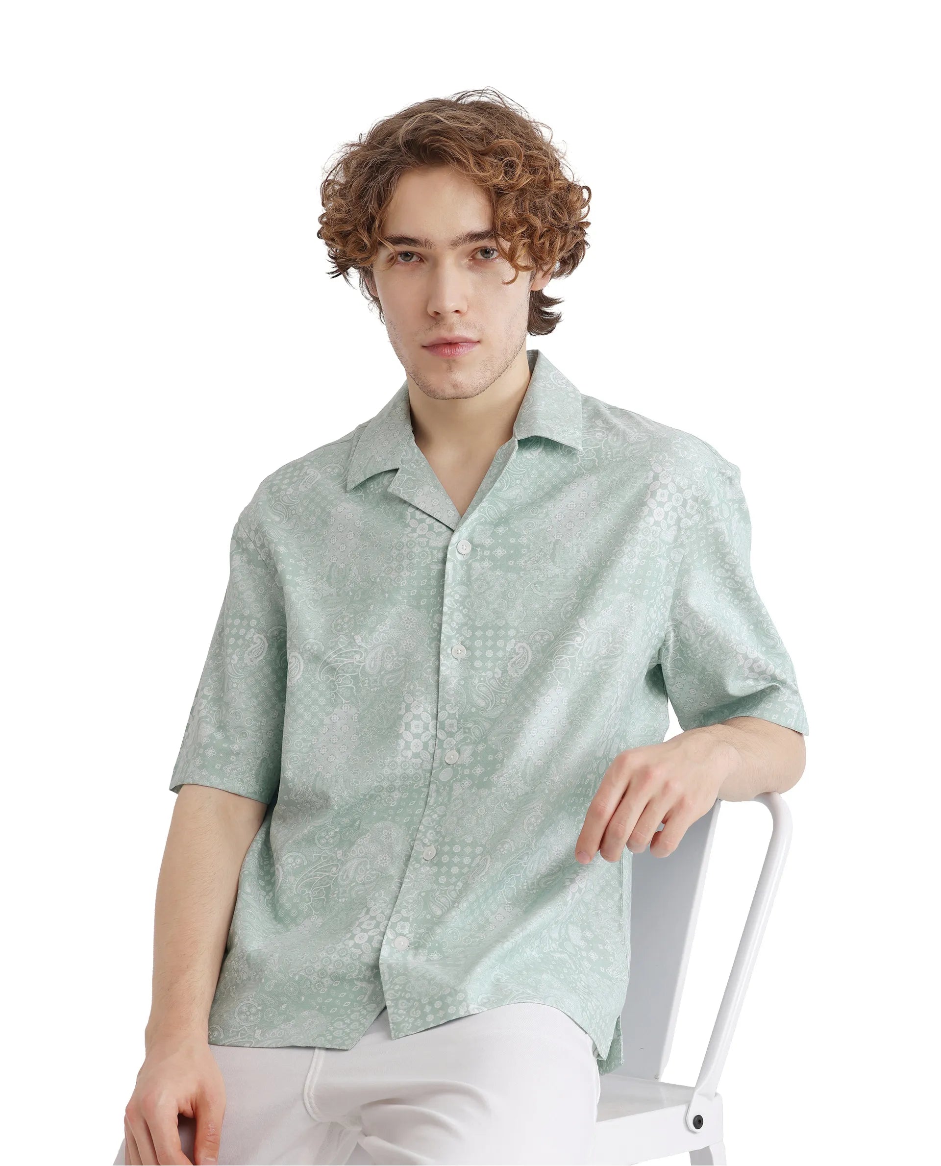 Rare Rabbit Men's Uffy Light Green Cotton Fabric Short Sleeve Cuban Collared Button Closure Printed Shirt