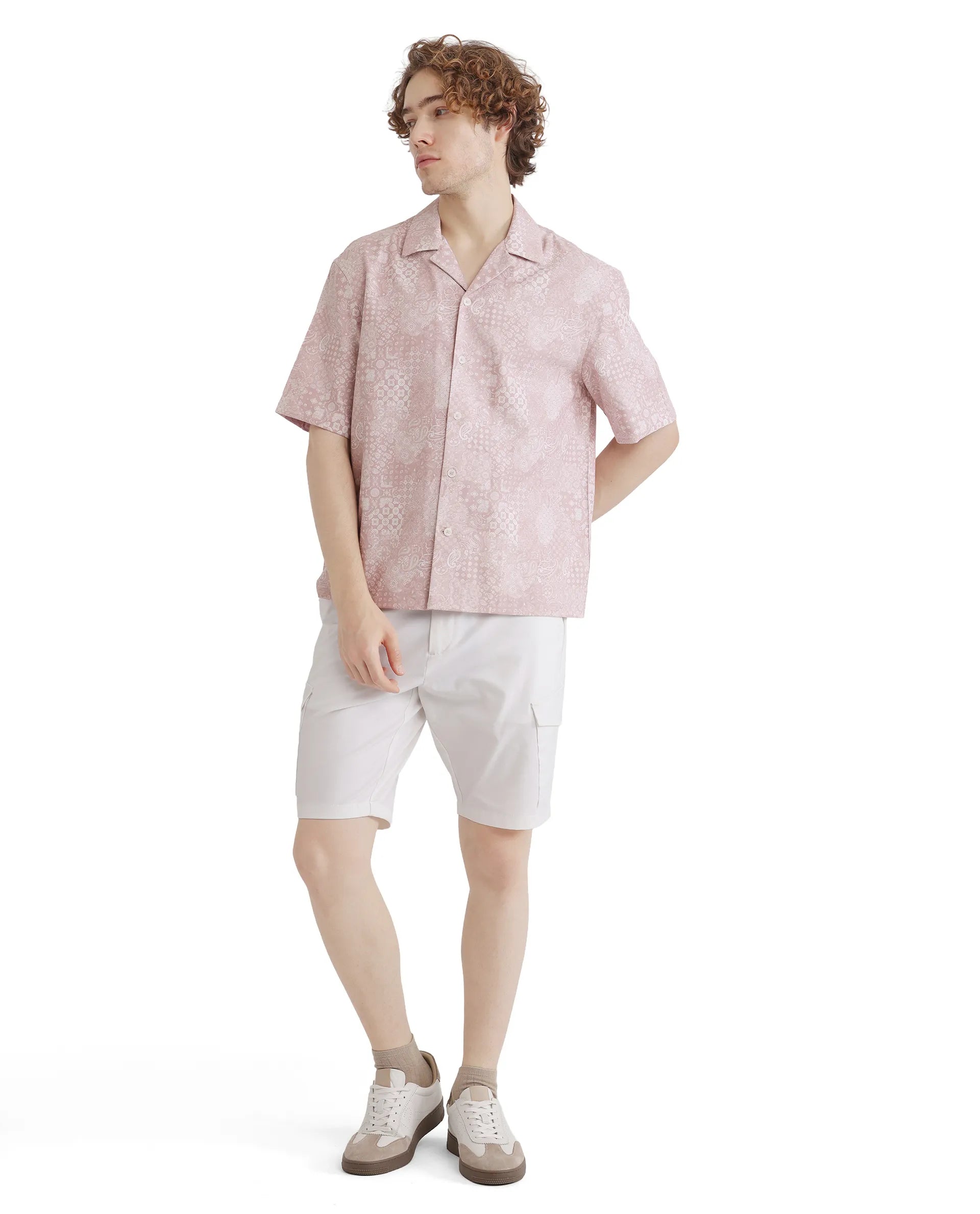 Rare Rabbit Men's Uffy Light Pink Cotton Fabric Short Sleeve Cuban Collared Button Closure Printed Shirt