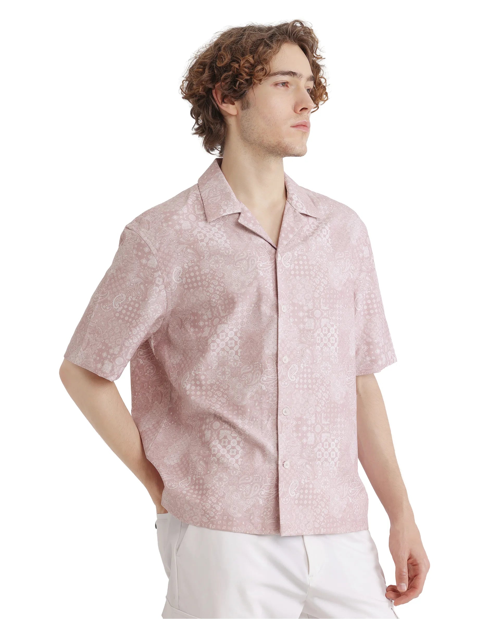 Rare Rabbit Men's Uffy Light Pink Cotton Fabric Short Sleeve Cuban Collared Button Closure Printed Shirt