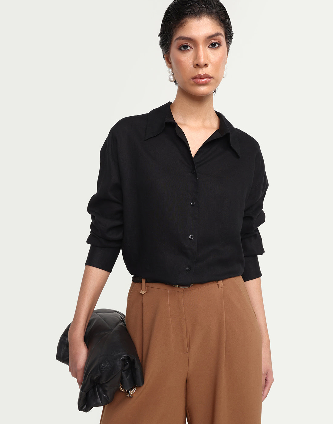 Rareism Women's Uganda Black Linen Spread Collar Regular Plain Shirt
